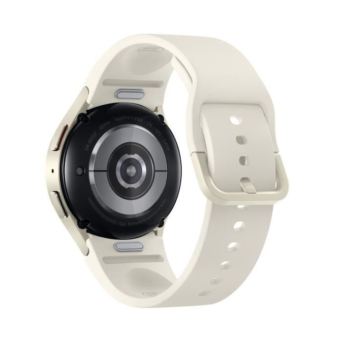 Un reloj inteligente color crema con correa blanca, visto desde atrás.
