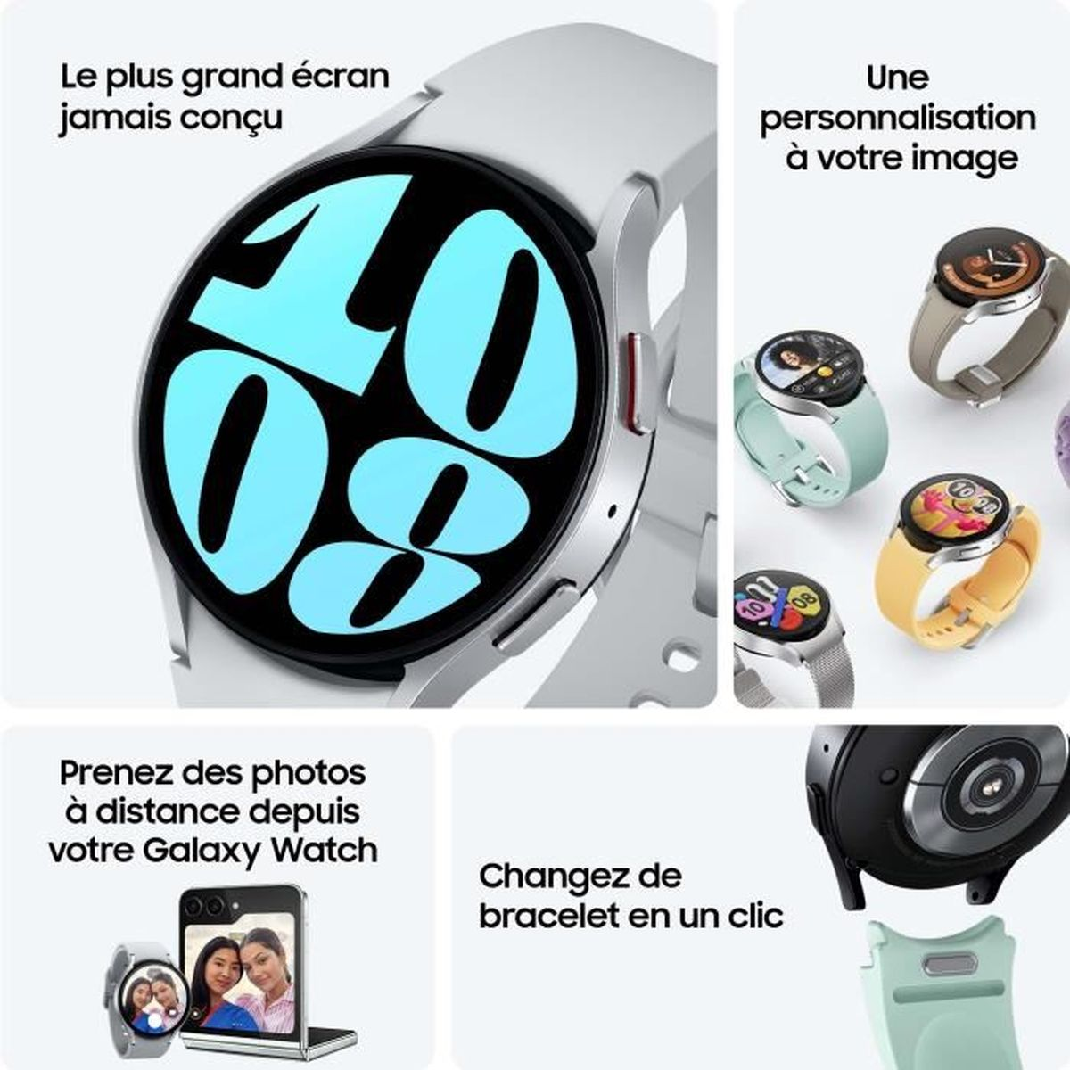Smartwatch con pantalla grande, opciones de personalización y función de fotos.