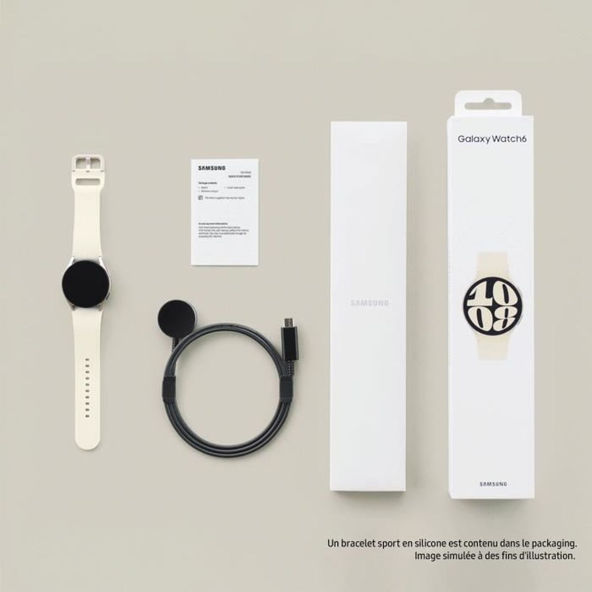 Un Samsung Galaxy Watch 6 con accesorios, incluyendo un cargador y embalaje.