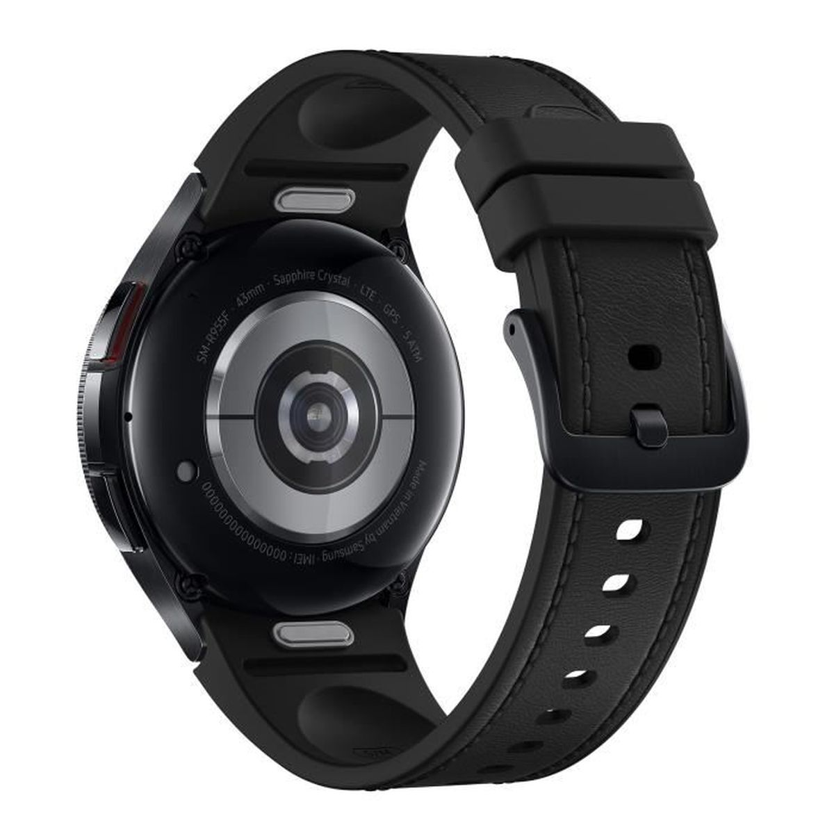 Smartwatch negra, vista trasera, con correa negra.