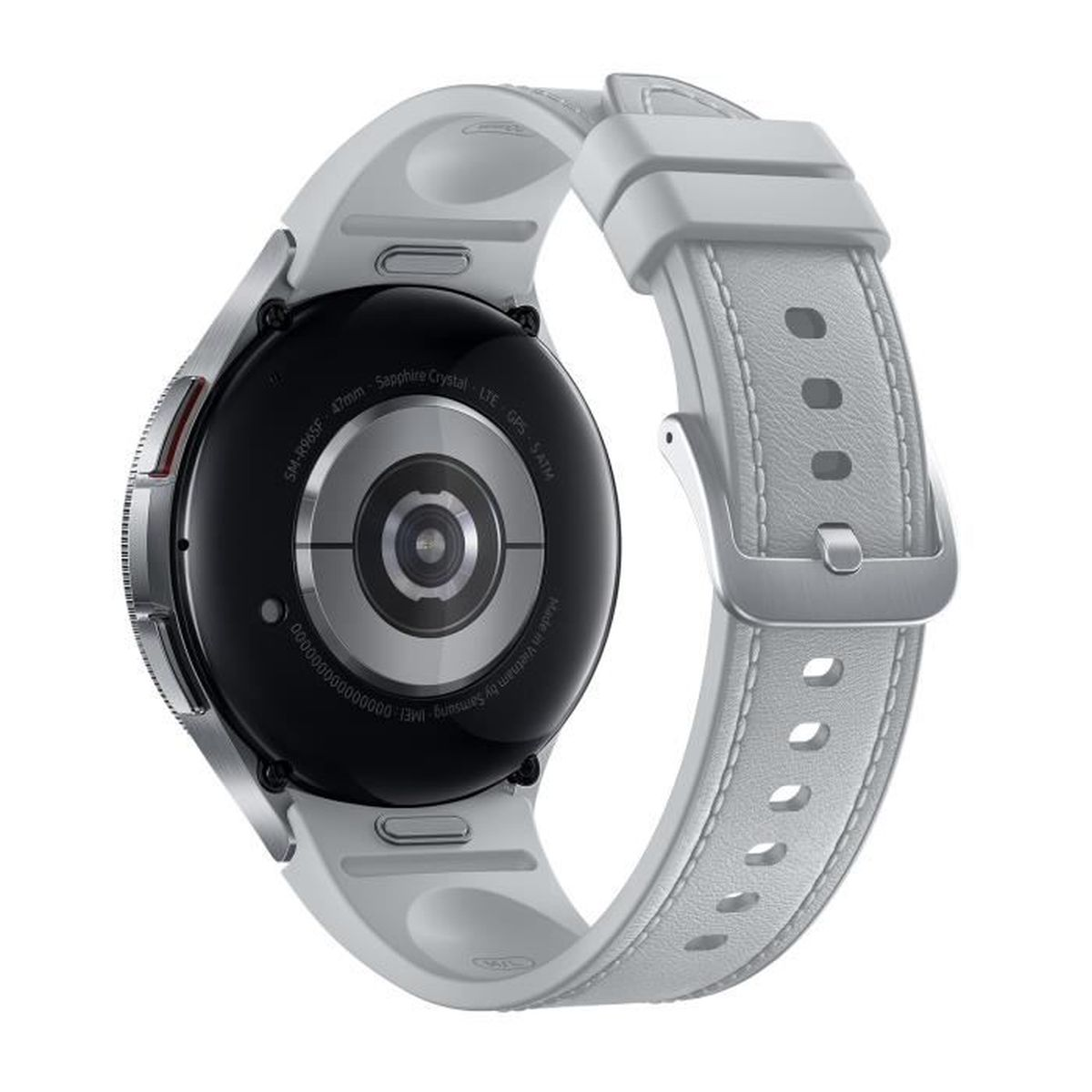 Smartwatch con corpo nero e cinturino bianco. Il retro mostra i dettagli e la fibbia.