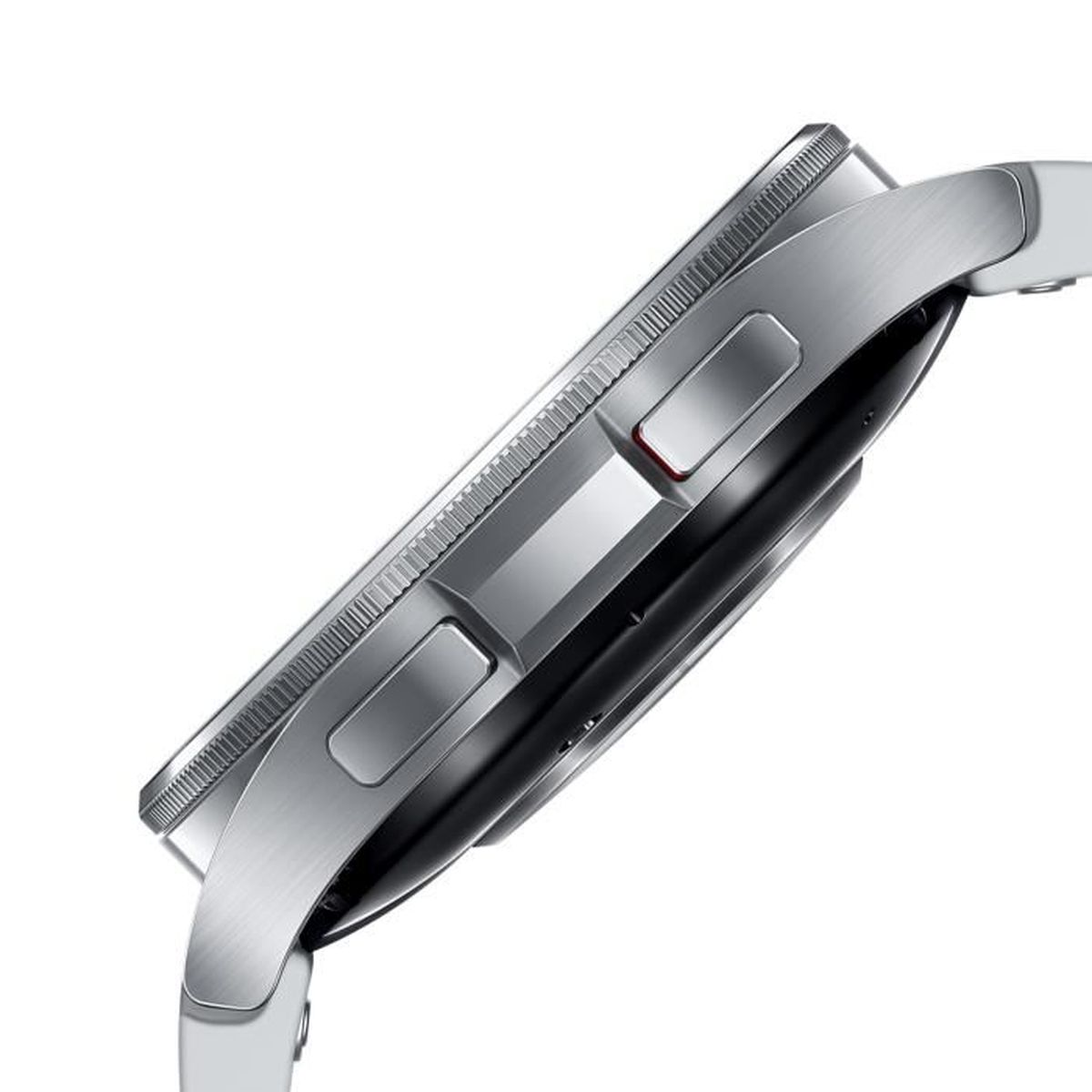 Smartwatch argentato, vista laterale. Mostra pulsanti e cinturino.