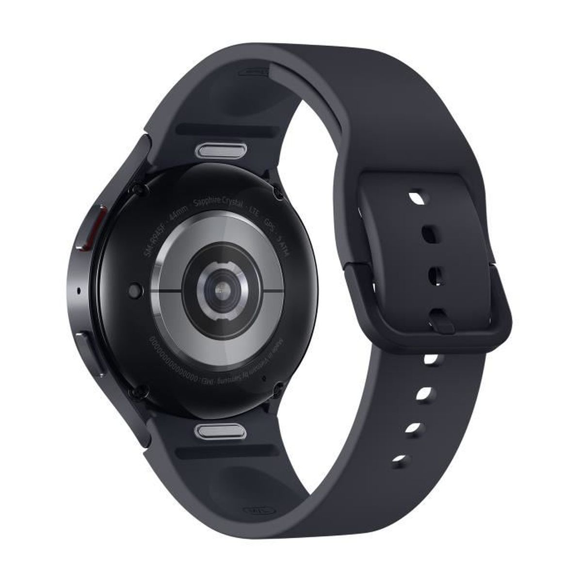 Uno smartwatch nero con cinturino grigio. Il retro mostra i sensori e il logo del marchio.