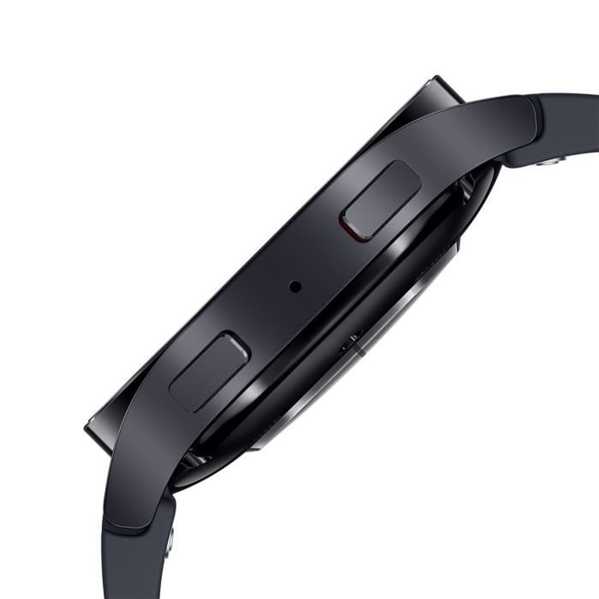 Smartwatch grigio scuro con due pulsanti, cinturino nero e sfondo bianco.
