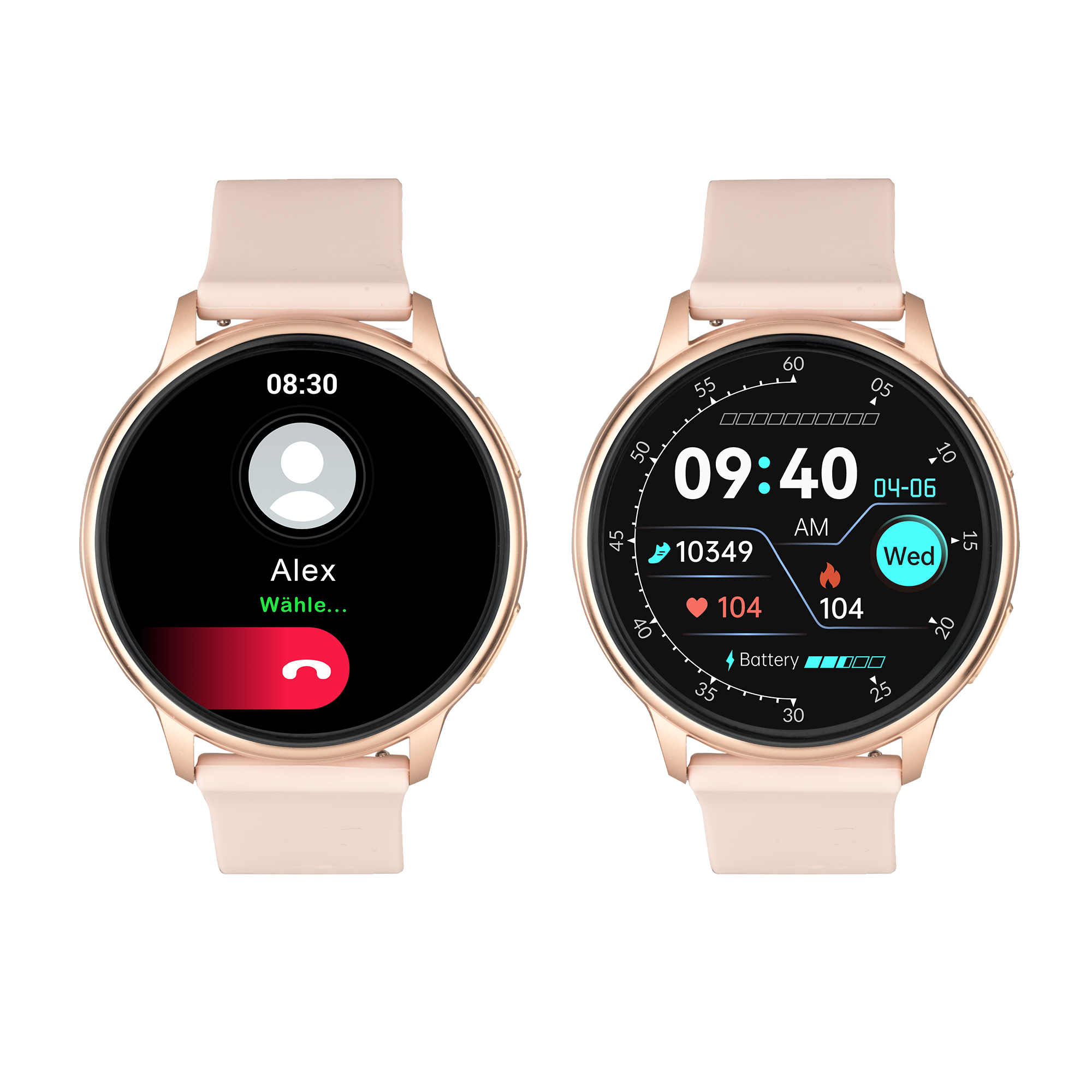 & LEVOWATCH Smartwatch Edelstahlarmband, Aluminium-Rand F2 + Rosa Tel Silikon Temp