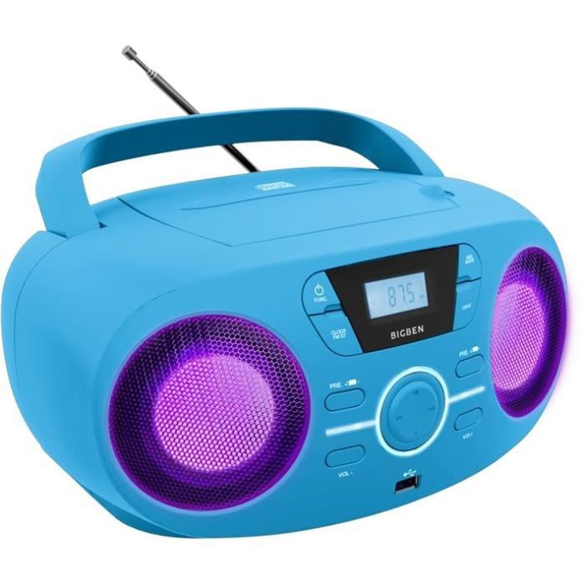 Boombox bleue avec lumières de haut-parleur violettes et affichage numérique.