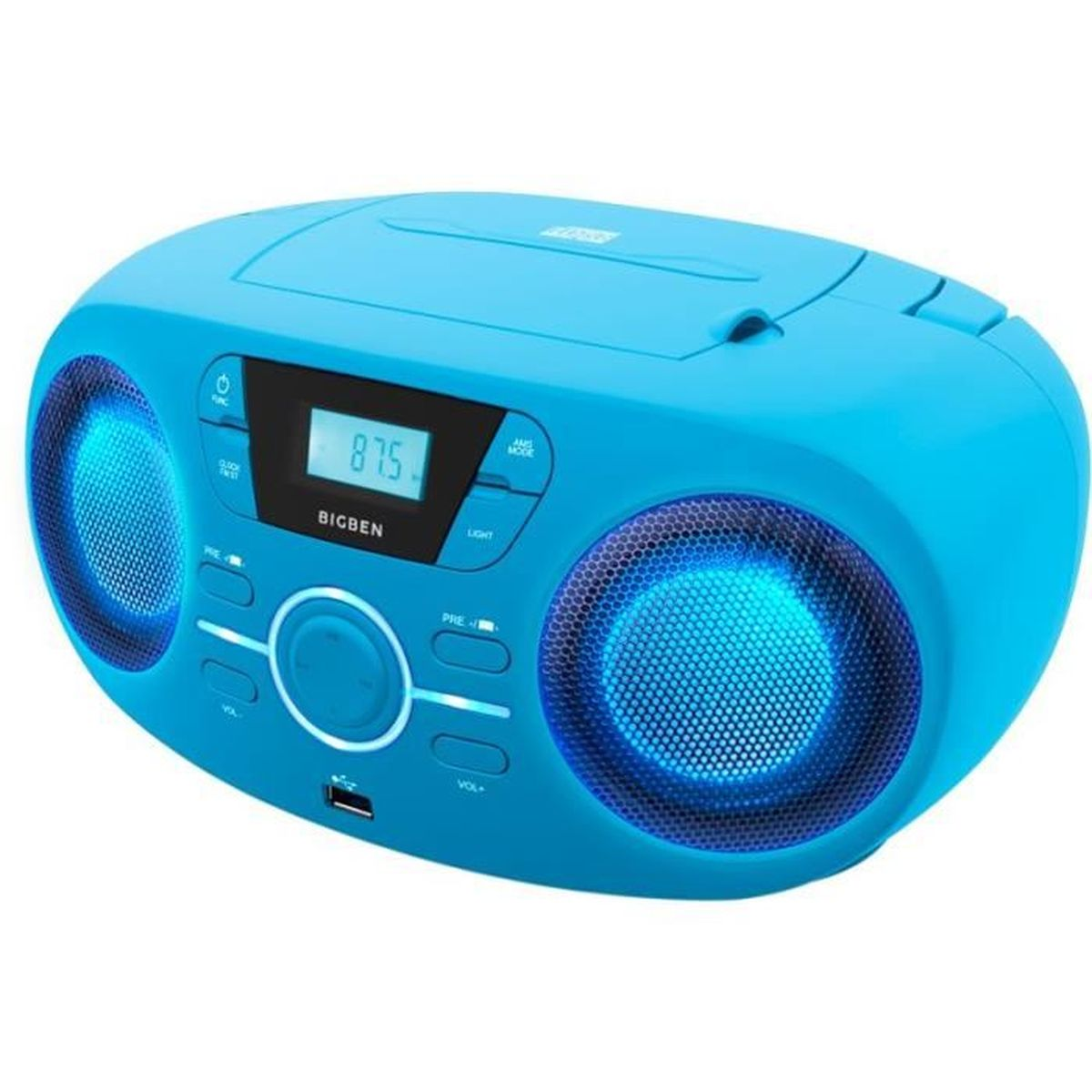 Boombox bleu avec haut-parleurs et écran. L'enceinte s'allume en bleu.