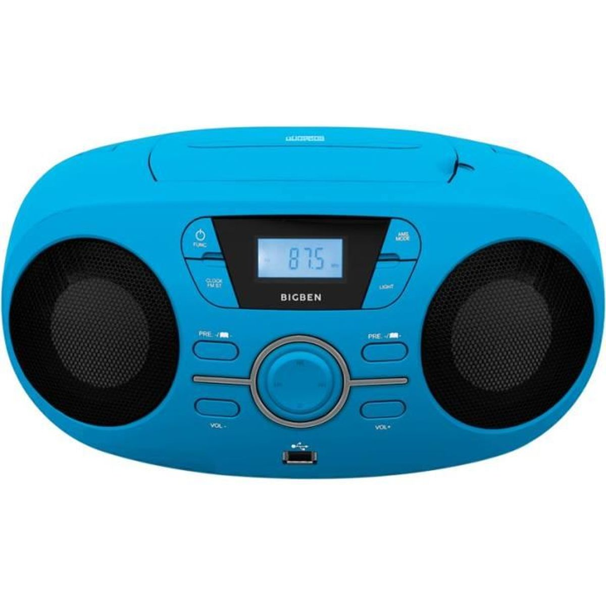 Radio Bigben bleue avec haut-parleurs, boutons et affichage numérique.