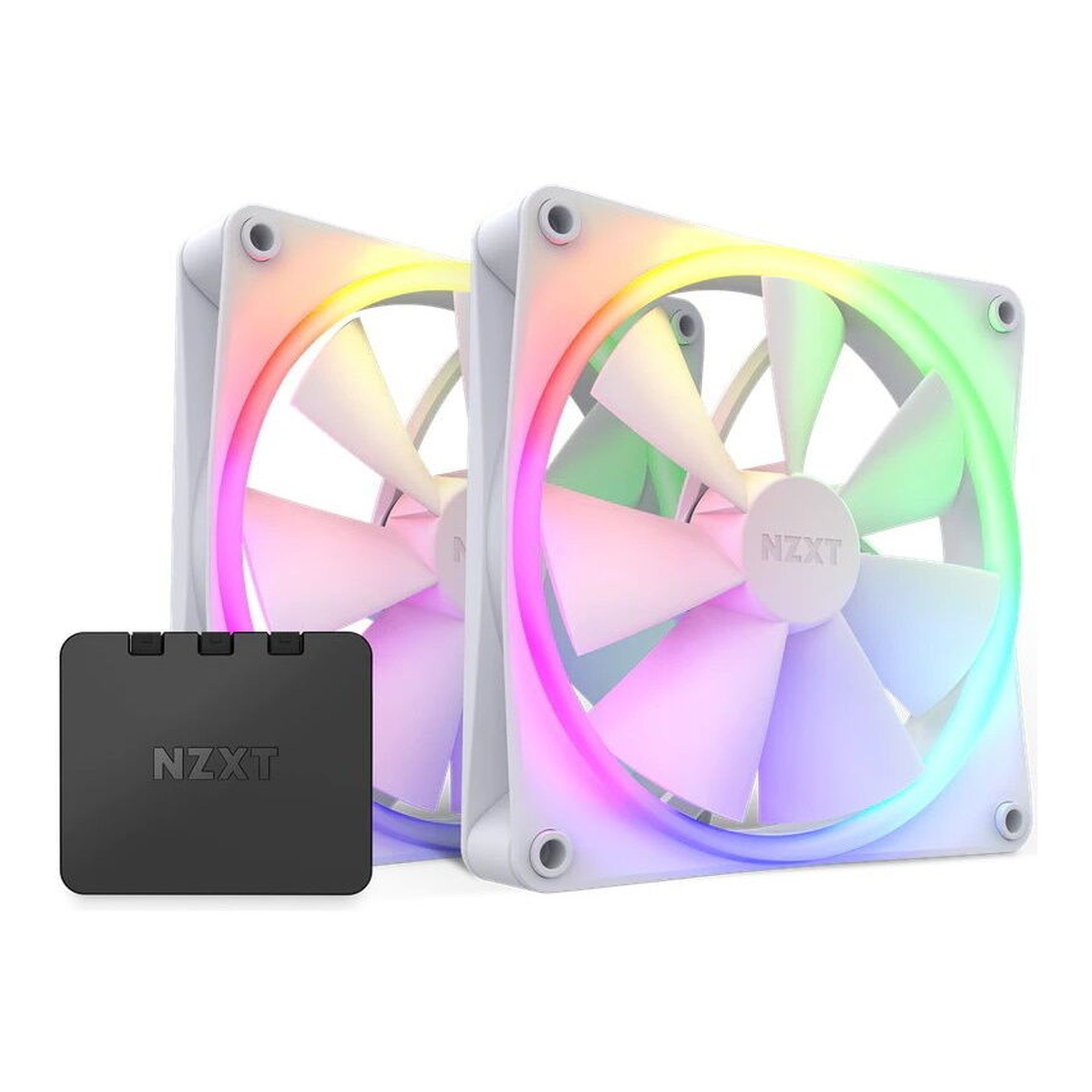 Due ventole per computer bianche con luci colorate e una scatola di controllo nera.