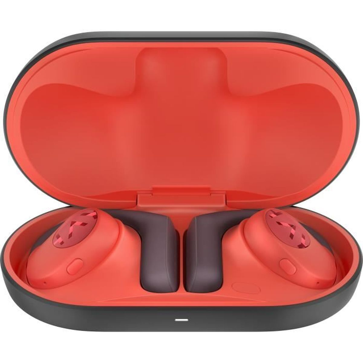 Rotes und schwarzes Ohrhörer-Etui, offen. Zwei rote Ohrhörer im Inneren. Schwarze und graue Akzente.