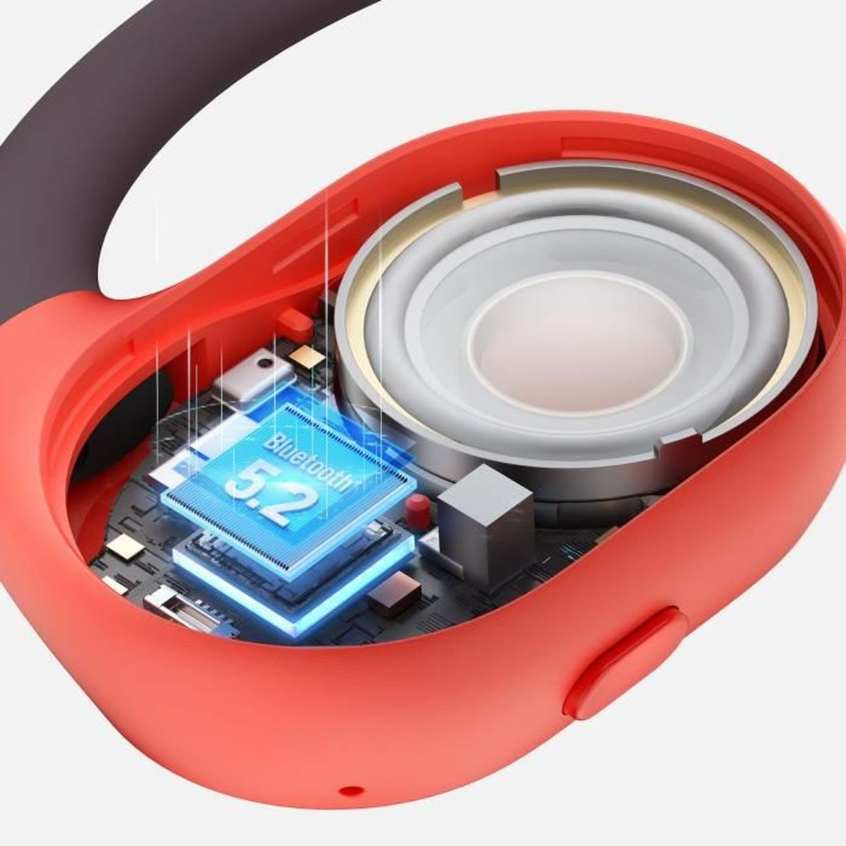 Schnittansicht eines roten Ohrhörers mit Innenkomponenten, einschließlich Bluetooth 5.2 Chip und Lautsprecher.