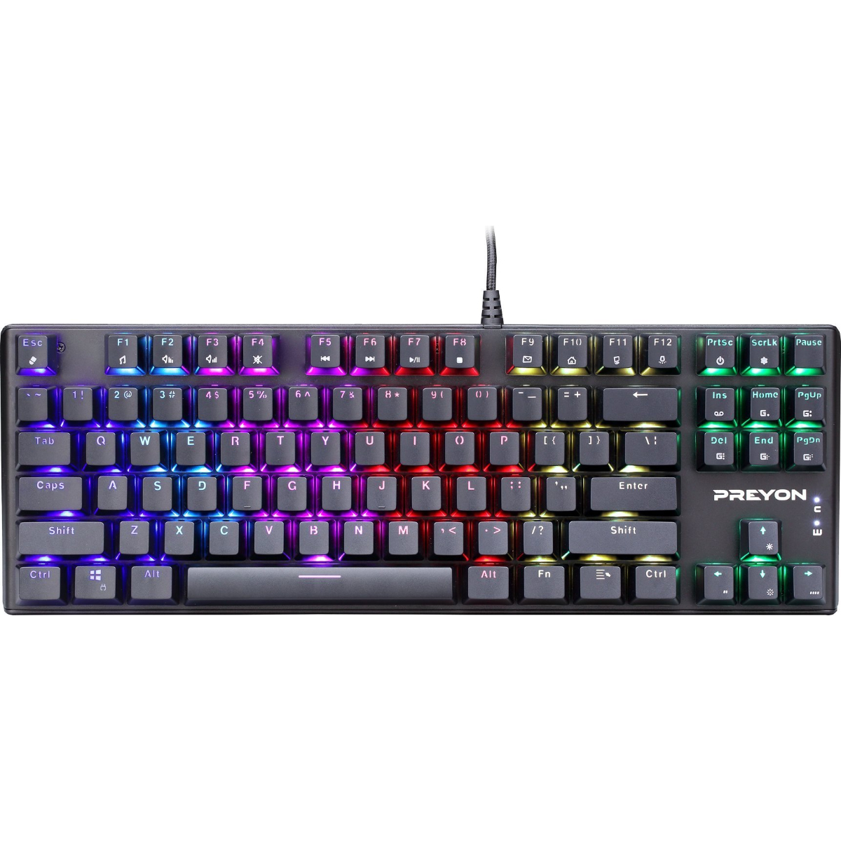 Eine mechanische Tastatur mit Hintergrundbeleuchtung und regenbogenfarbenen Tasten, vielen Tasten und einem Preyon-Logo.