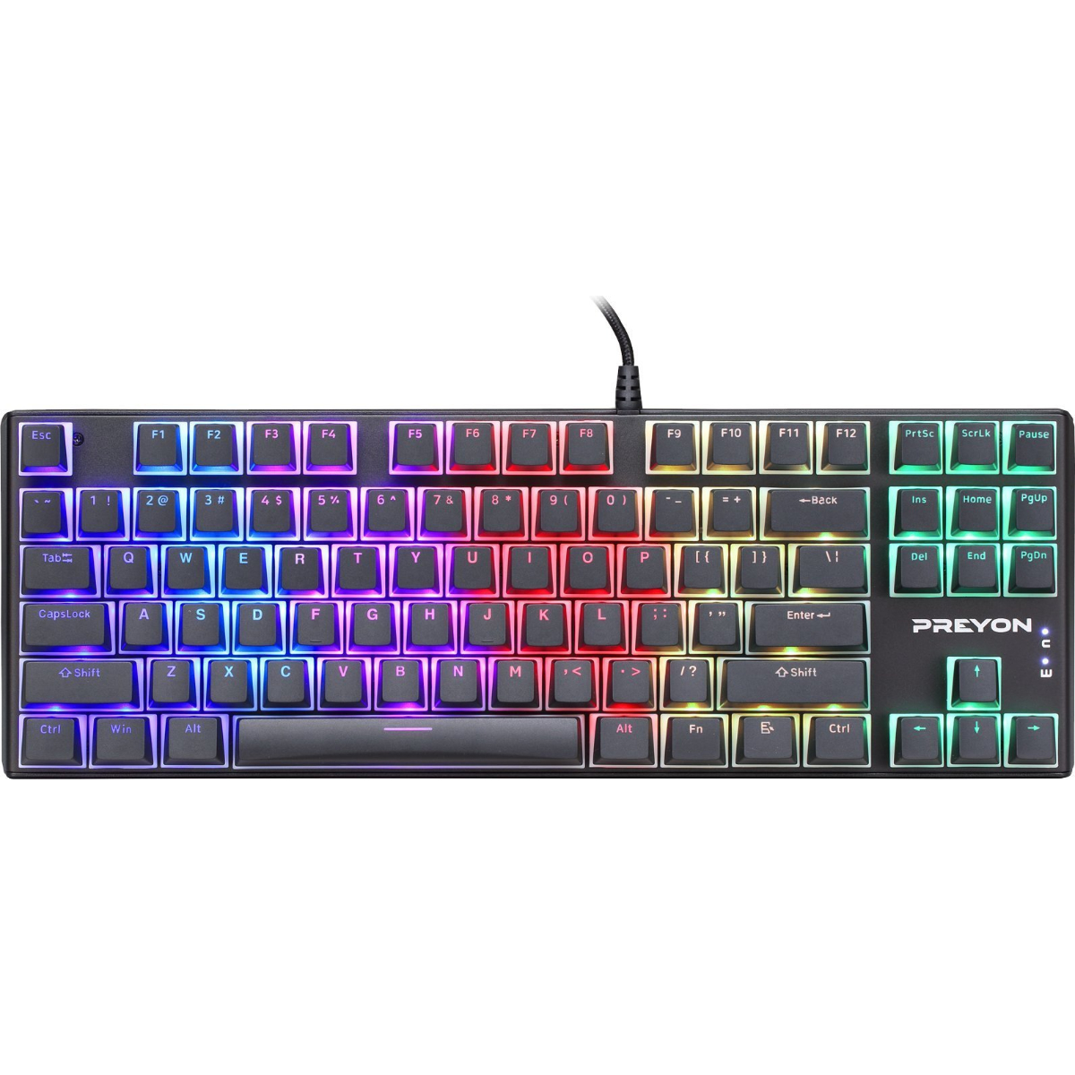 Schwarze PREYON-Tastatur mit farbig beleuchteten Tasten auf weißer Oberfläche.