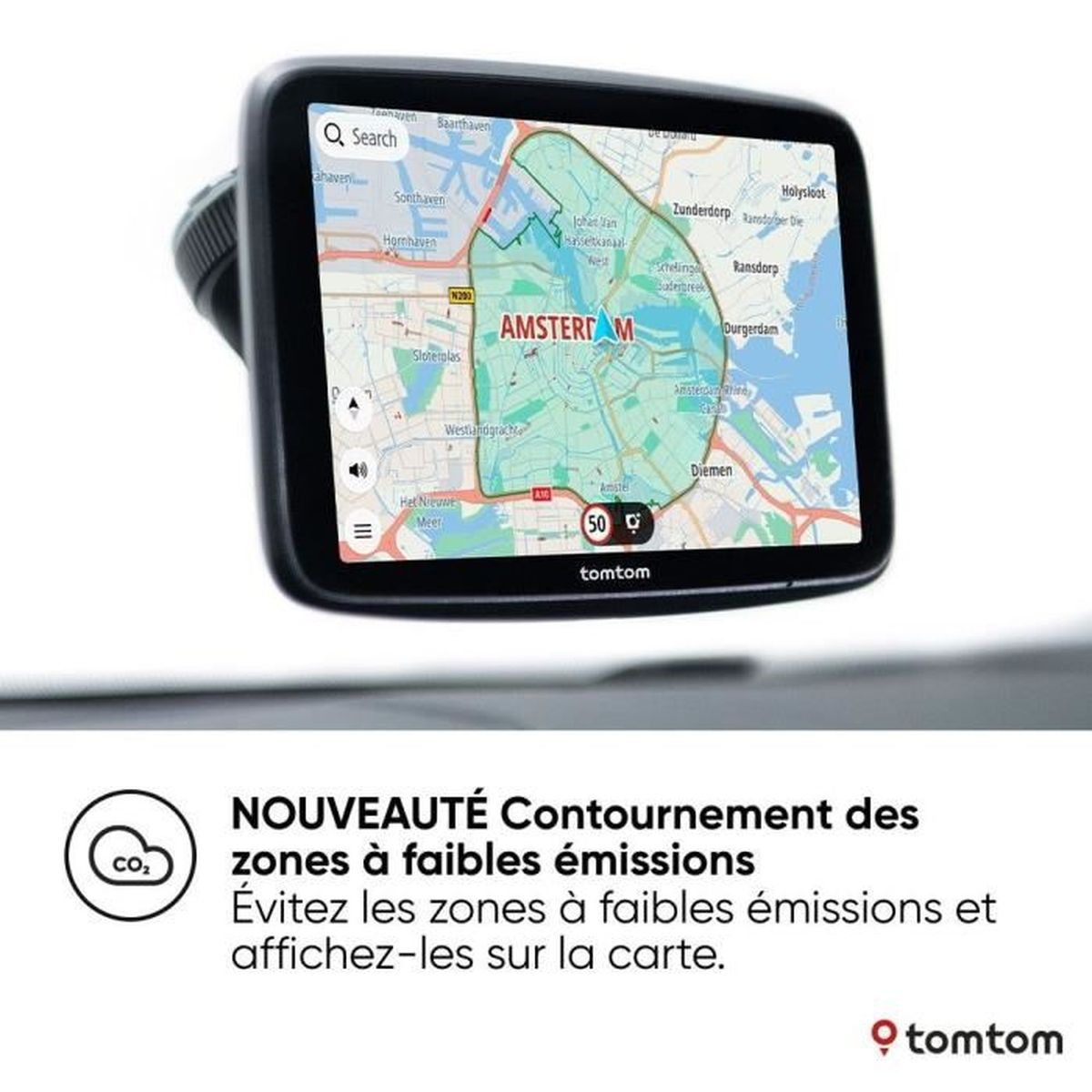 Un GPS TomTom che mostra una mappa di Amsterdam con un percorso evidenziato. È visibile un'icona CO2.