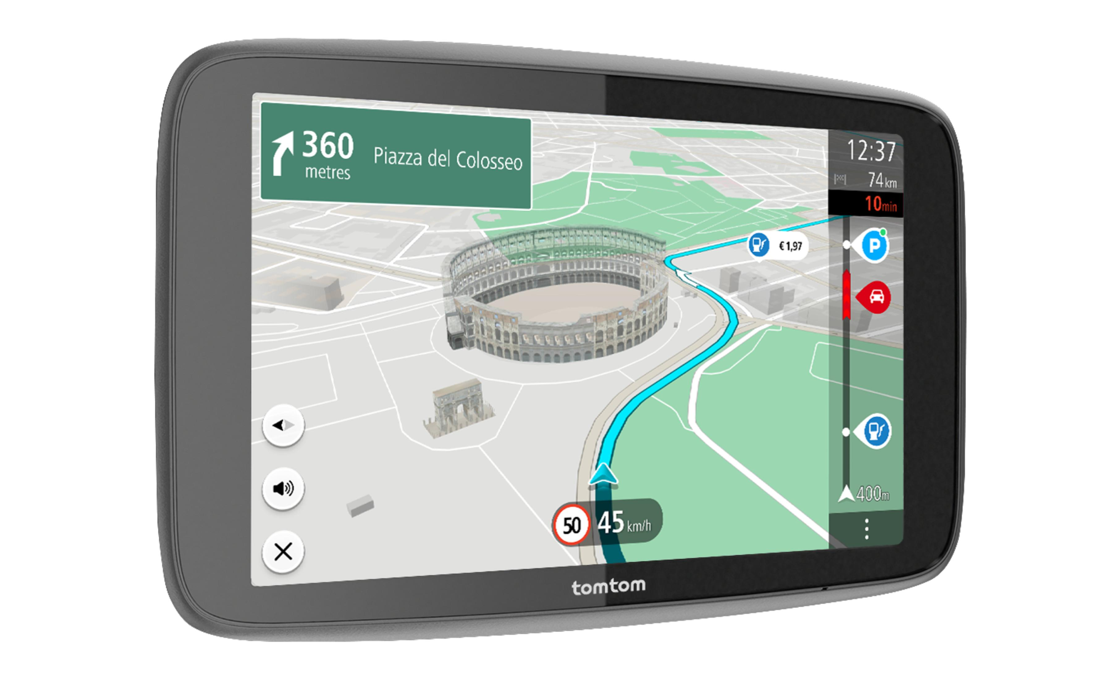 GPS device, showing a map and route to the Colosseum.