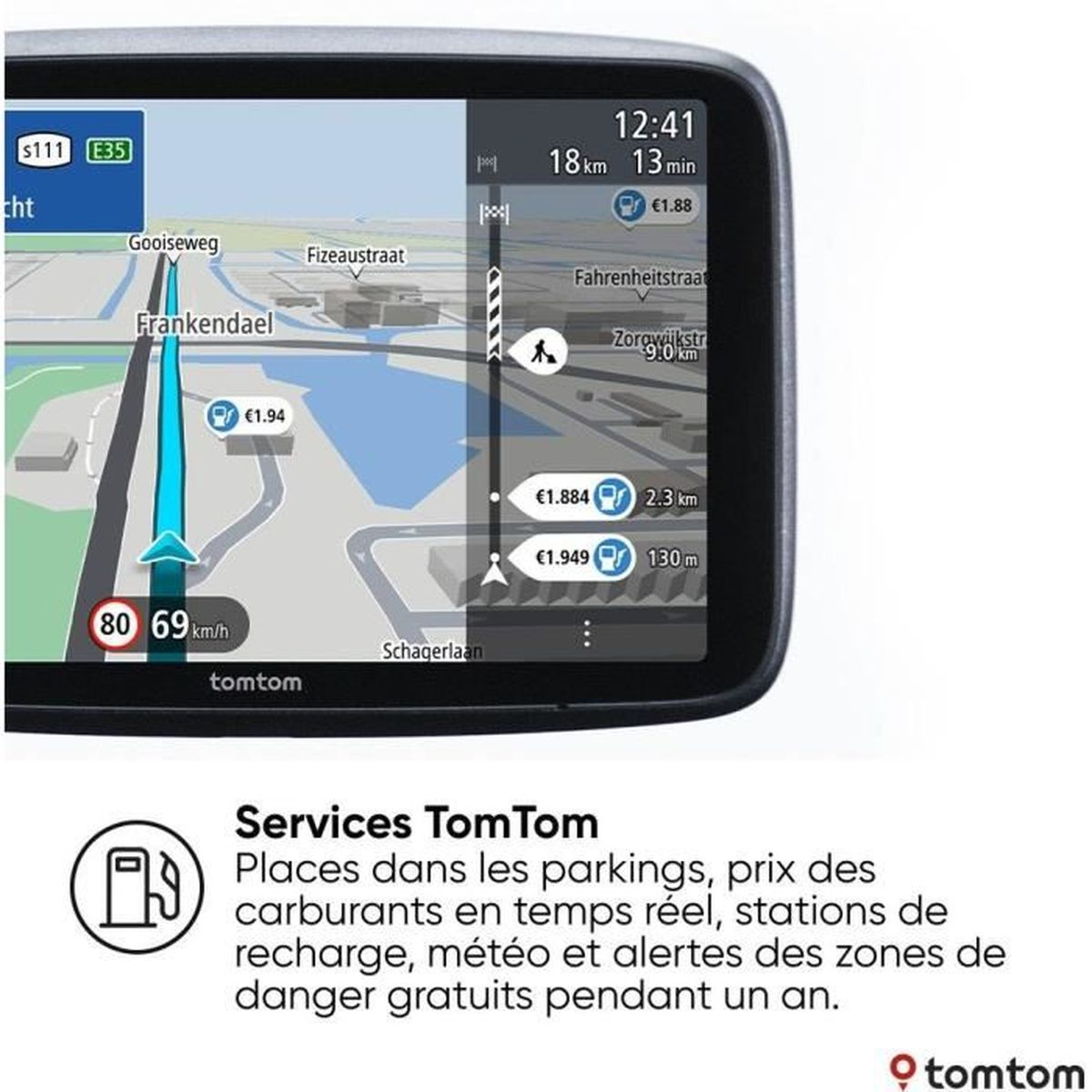 Dispositivo di navigazione GPS che mostra una mappa con informazioni su percorso e velocità. Logo TomTom.