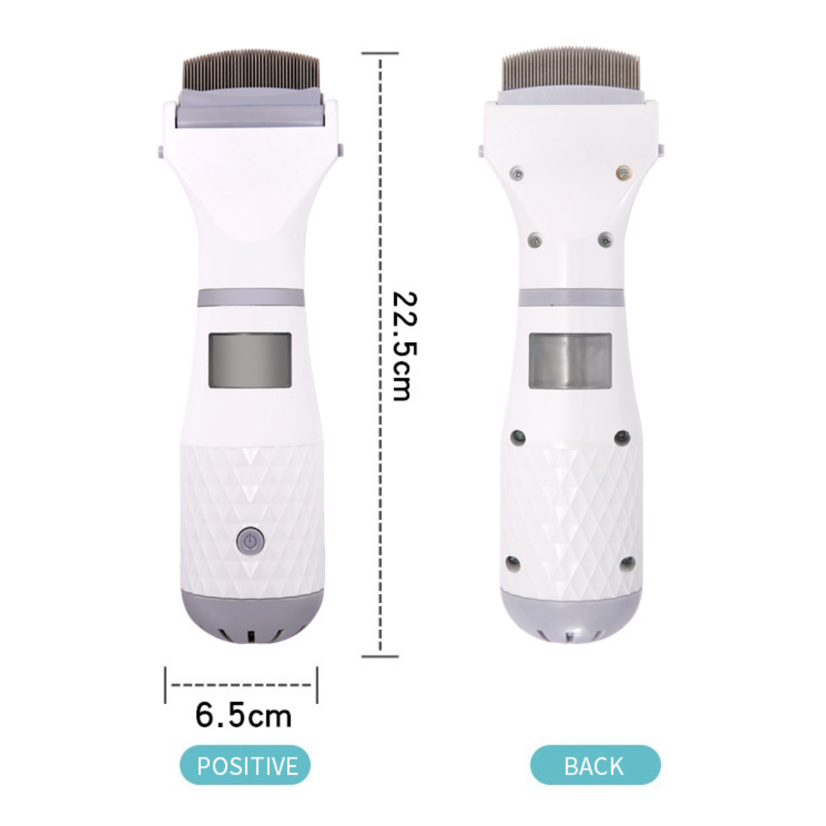 Zwei Haarstyling-Tools, eine Seite positiv und eine Rückseite, mit Abmessungen.