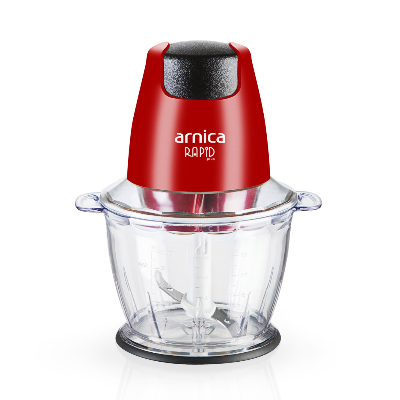 Şeffaf bir kap ile kırmızı ve siyah bir gıda doğrayıcı. Marka adı görünür.