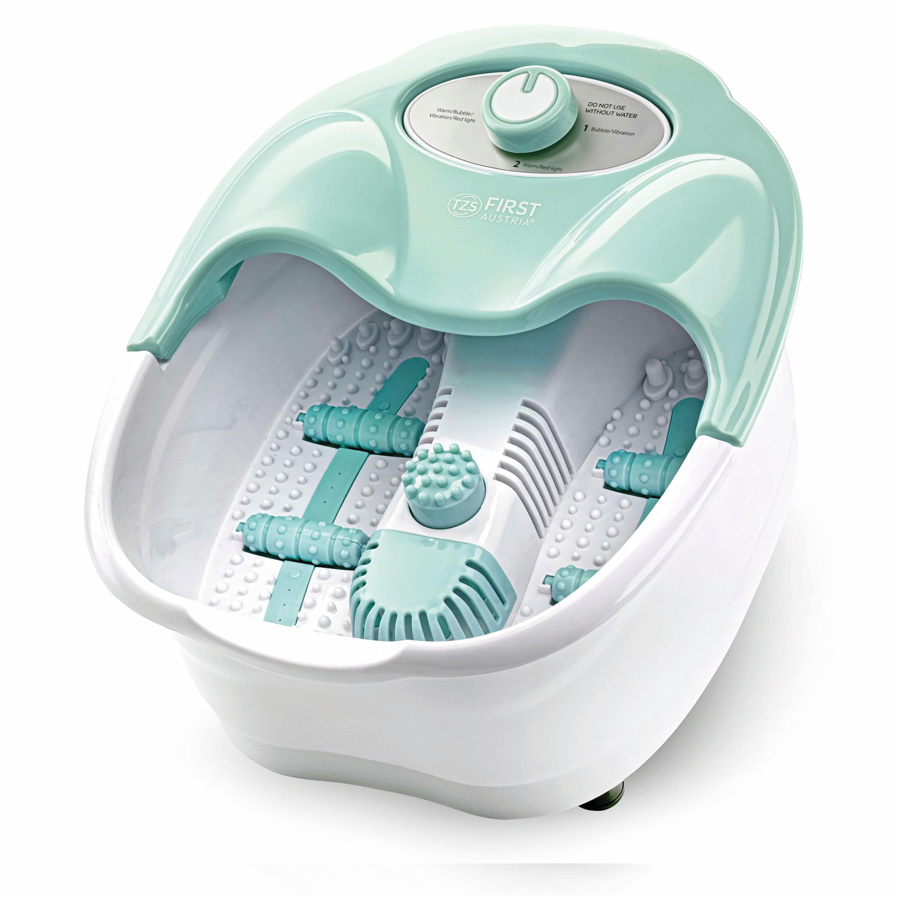 Weißes und mintfarbenes Fußbad. Bedienelemente oben und Fußmassager im Inneren.