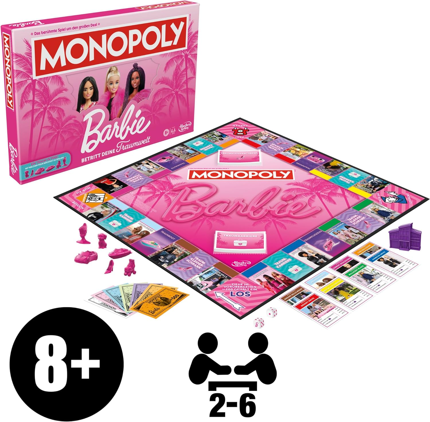 Barbie Monopoly Spielbox und Spielbrett mit Spielsteinen, Karten und Würfeln. Pinkes Thema, Barbie-Puppen auf der Box.