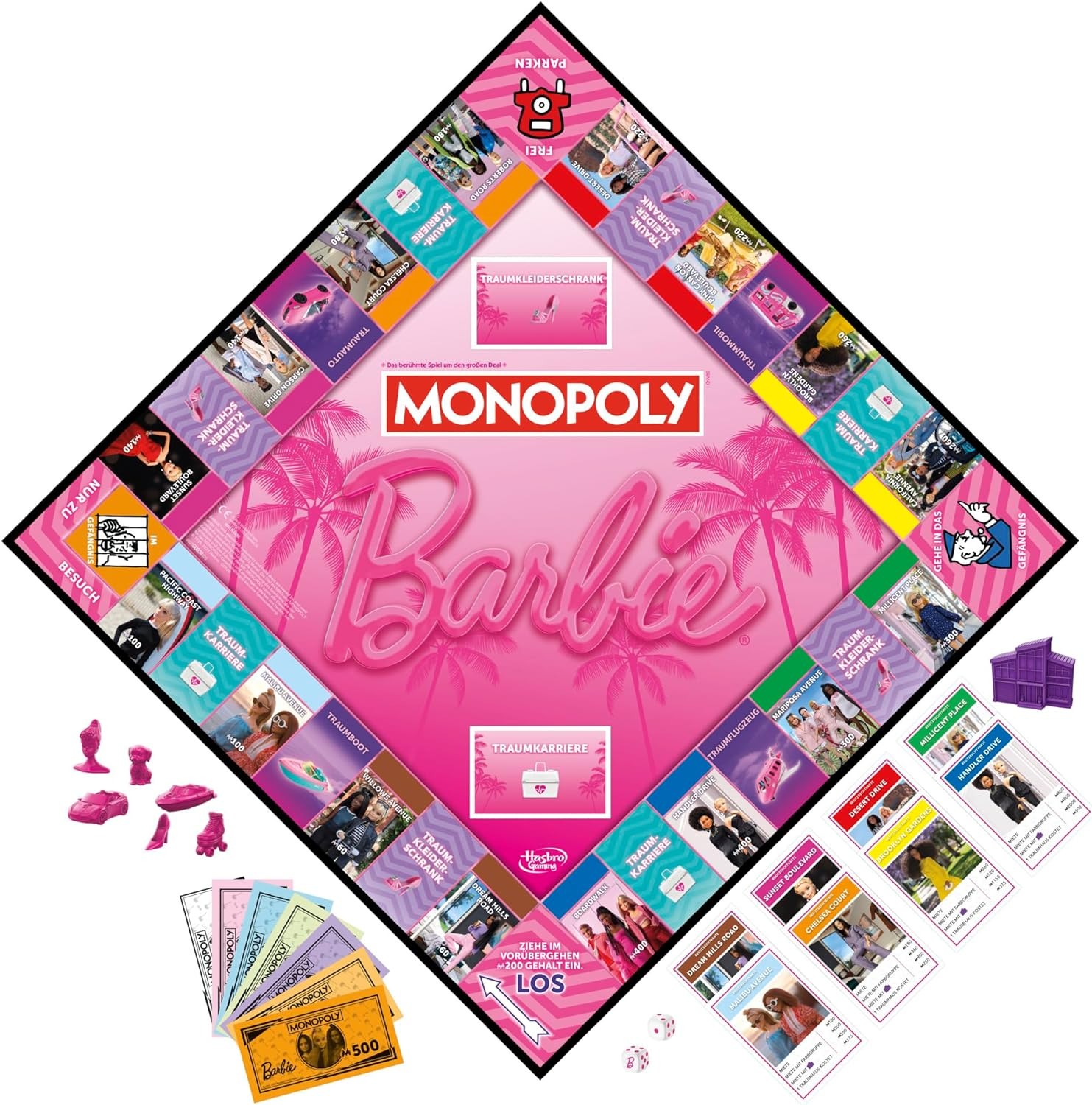 Barbie Monopoly Brettspiel. Pink- und Lila-Farbschema mit Barbie-Branding und Spielsteinen.