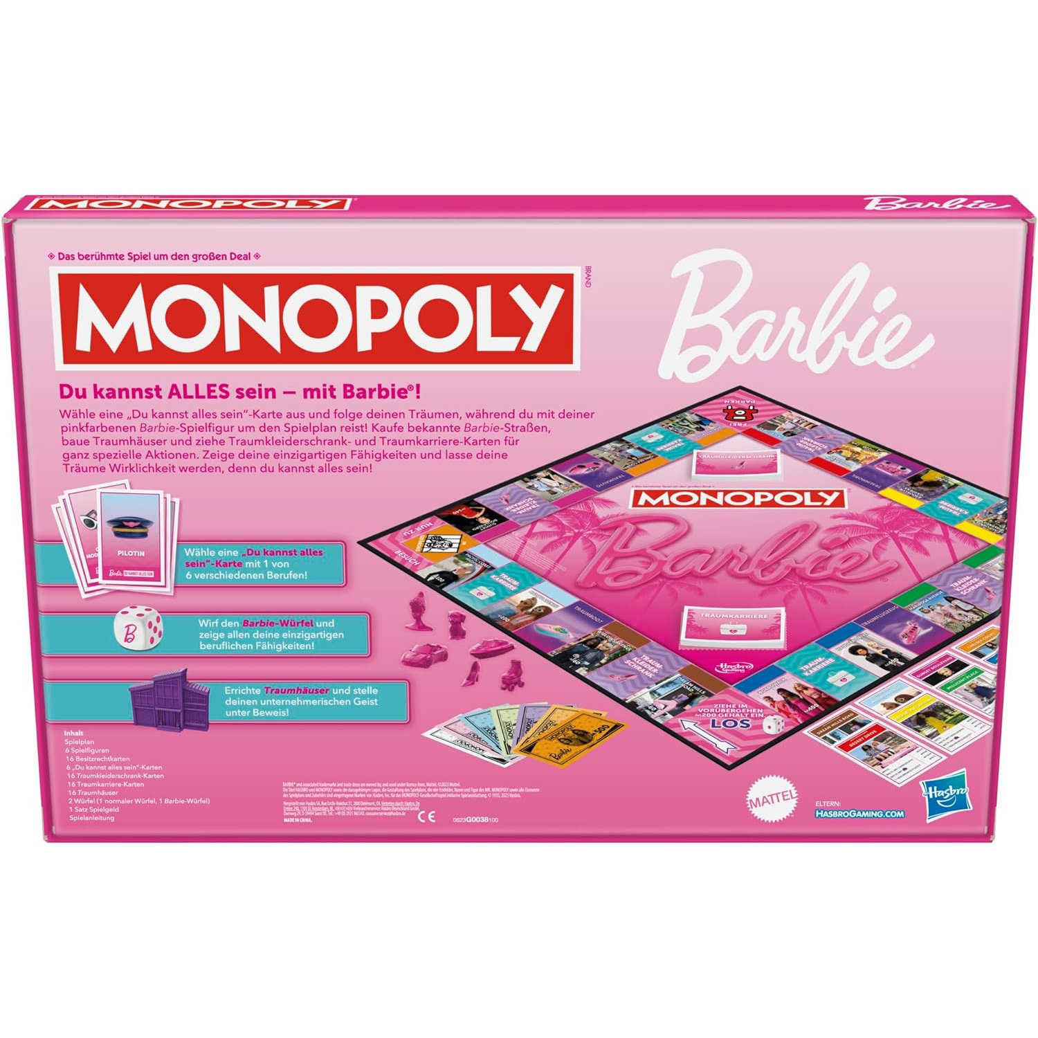Eine rosa Monopoly Barbie Brettspielbox mit Spielsteinen darin.