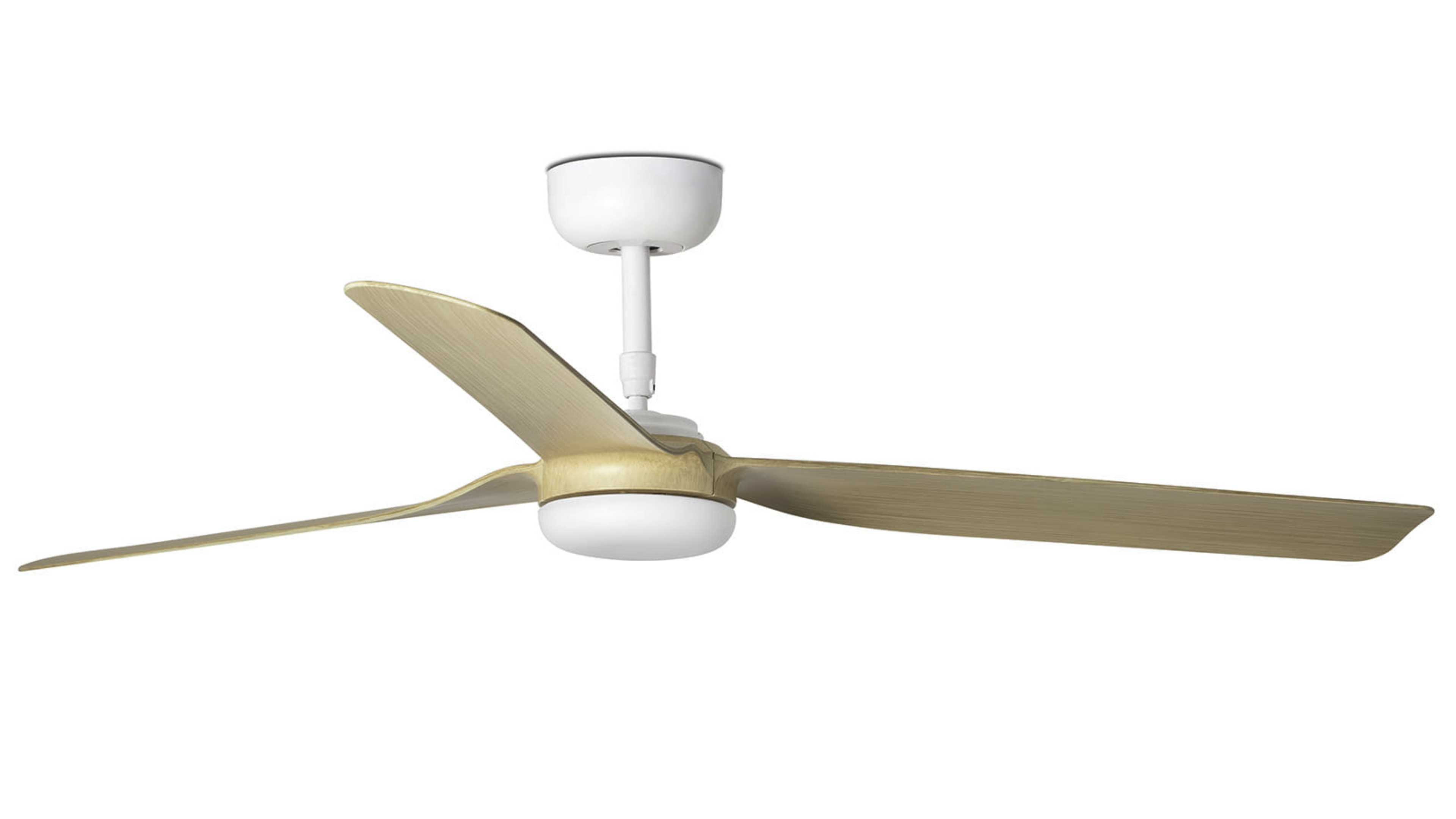 Weißer Deckenventilator mit drei Holzblättern und weißem Motorgehäuse.