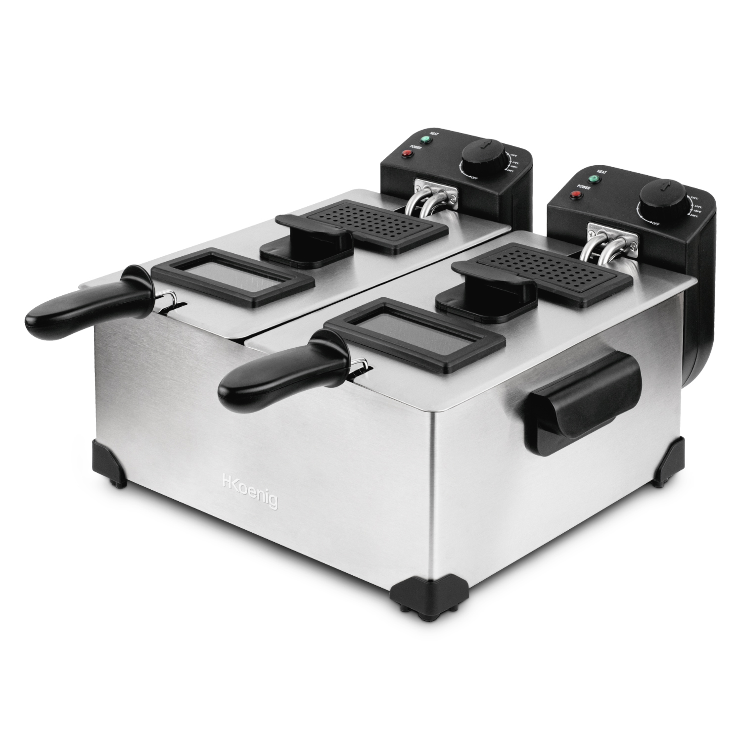 Podwójna frytownica ze stali nierdzewnej z czarnymi uchwytami i pokrętłami. Ma białe tło.