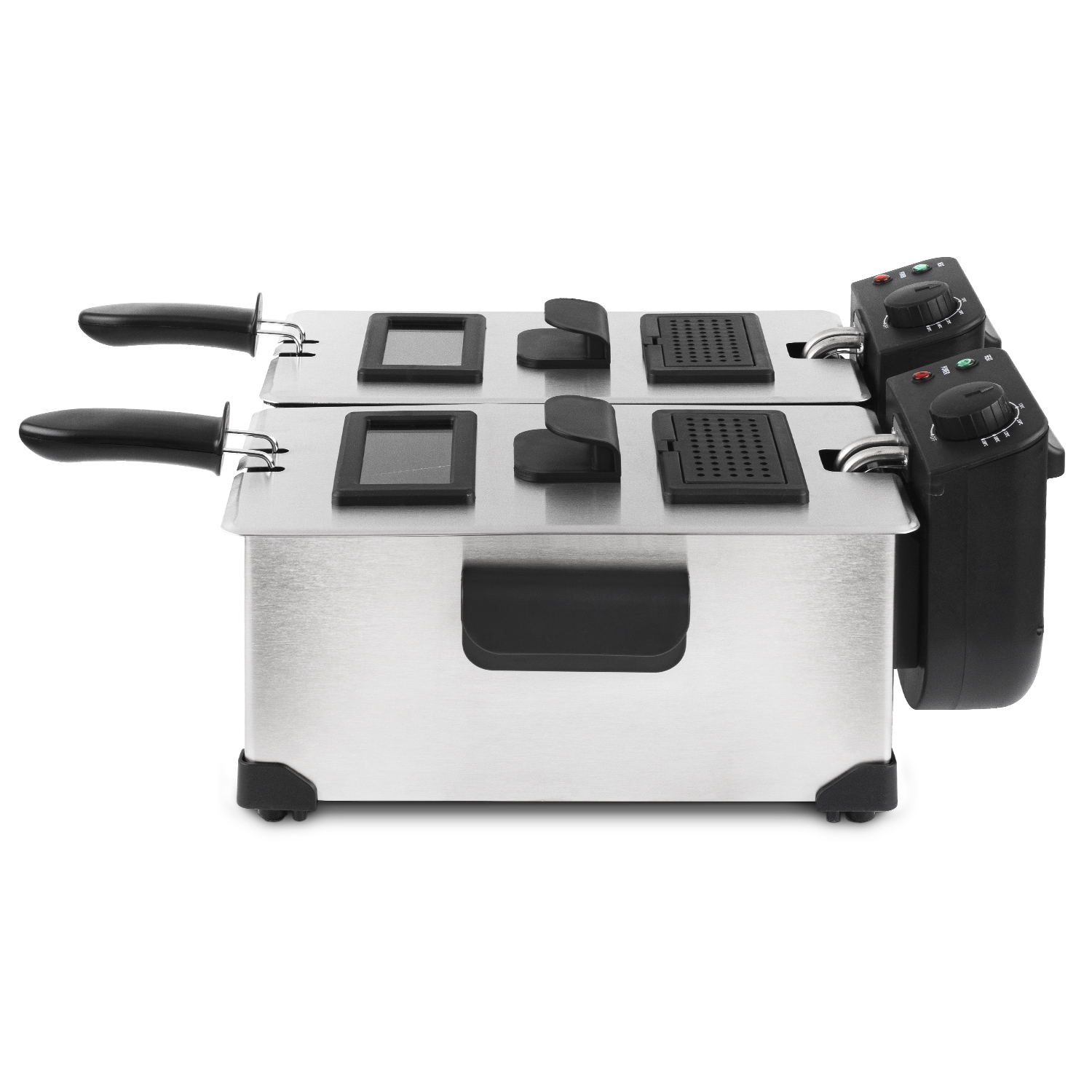 Podwójna frytkownica ze stali nierdzewnej z dwoma koszami, czarnymi uchwytami i kontrolkami.