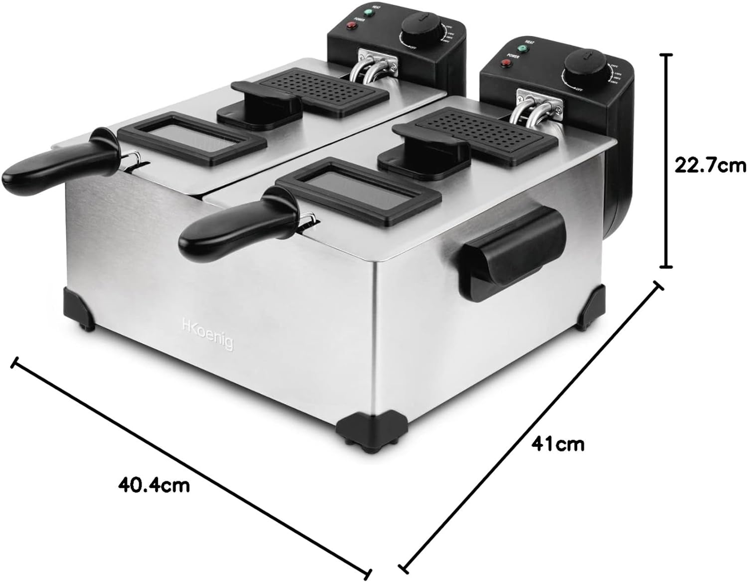 Dwie frytkownice ze stali nierdzewnej z etykietami wymiarów. Czarne uchwyty i kontrolki.