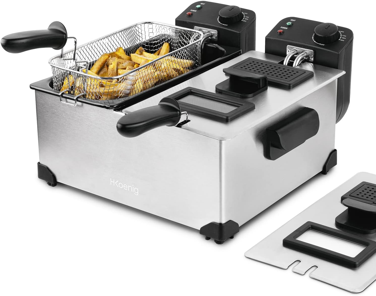 Frytownica ze stali nierdzewnej z dwoma koszami, wypełniona frytkami.