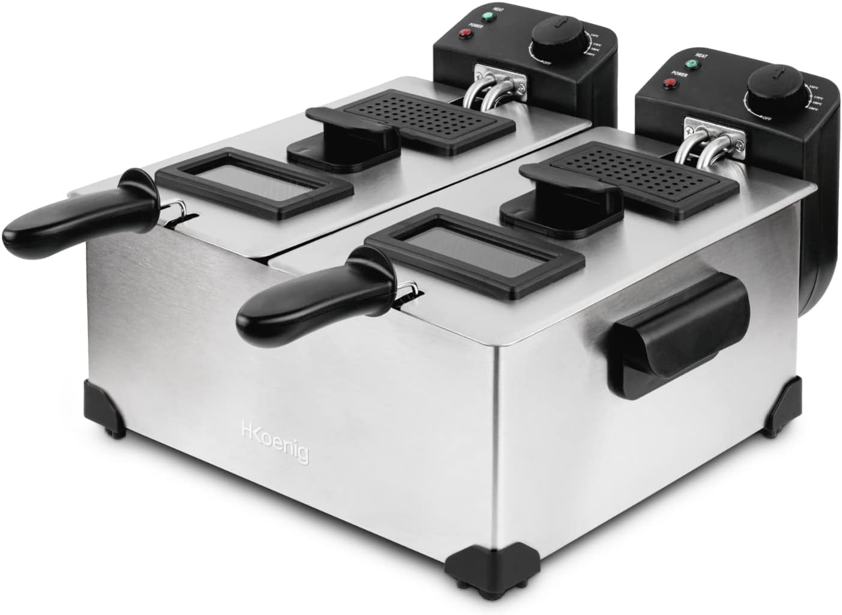 Frytownica ze stali nierdzewnej z dwoma komorami i czarnymi uchwytami i elementami sterującymi.