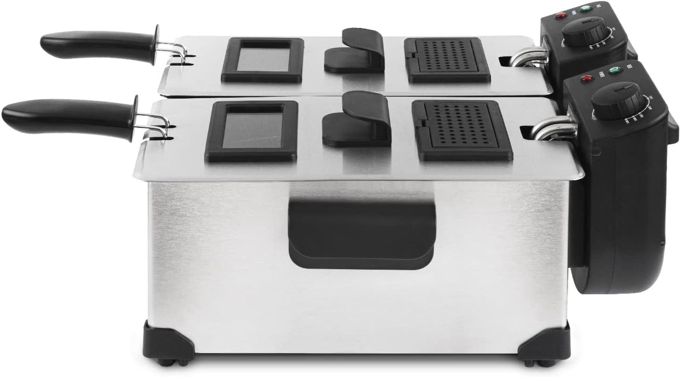 Frytownica ze stali nierdzewnej z dwoma oddzielnymi komorami do smażenia i panelami sterowania.