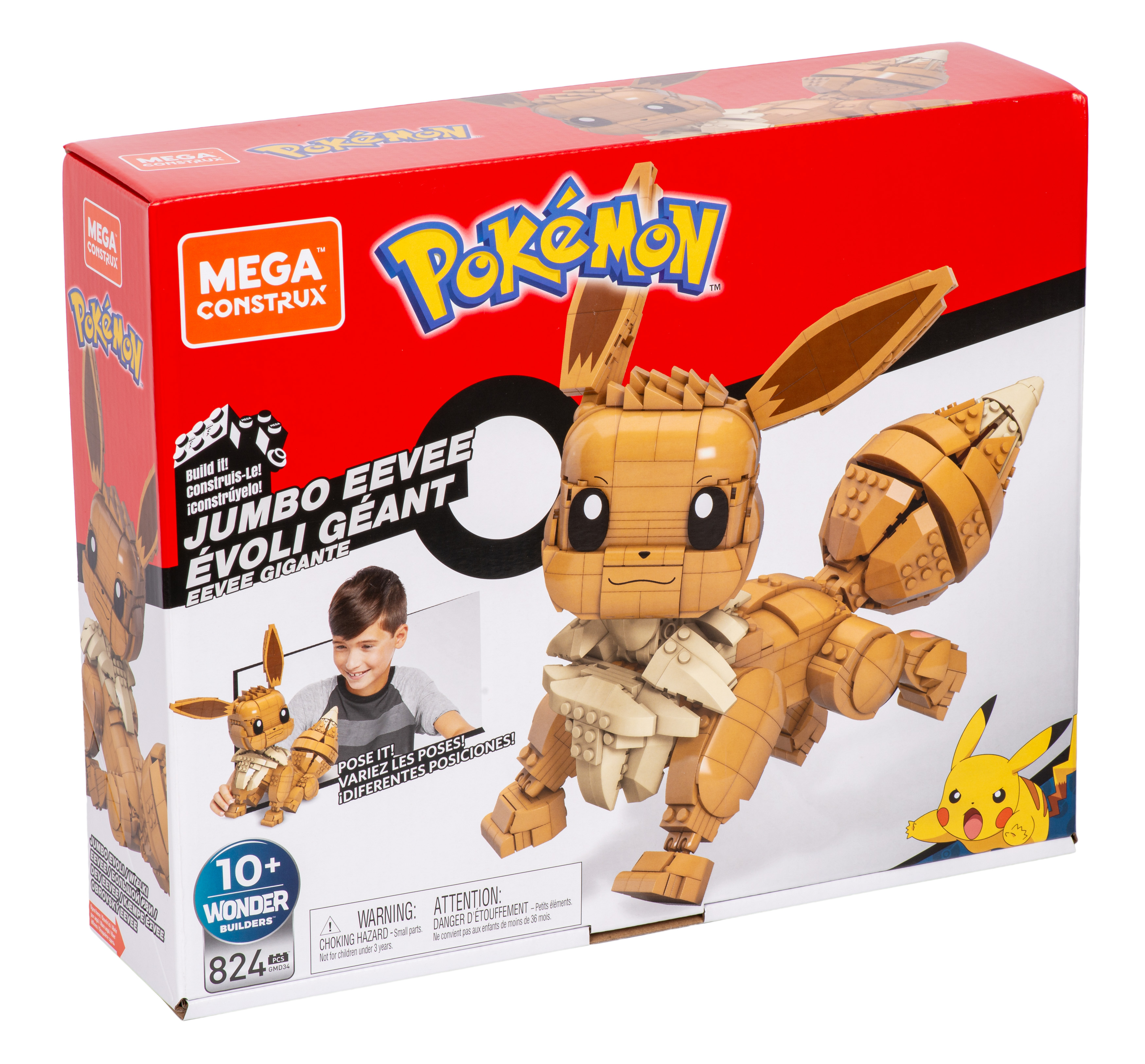 Box mit einem großen Lego Eevee-Modell und einem Kind. Text lautet 'JUMBO EEVEE'.