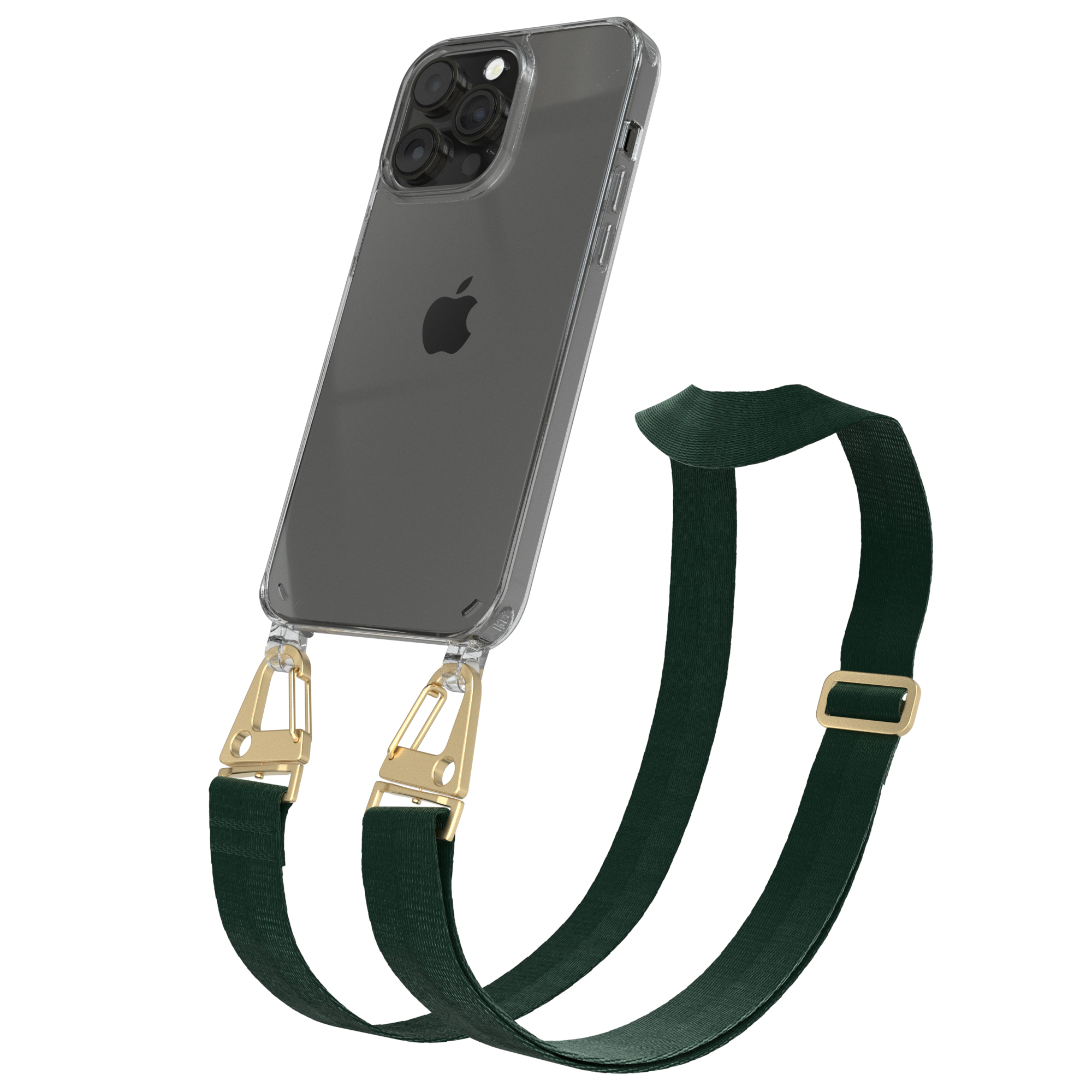 CASE + iPhone Karabiner, Apple, EAZY Gold mit 14 / Kordel Umhängetasche, Dunkel Transparente Pro Grün breiter Max, Handyhülle