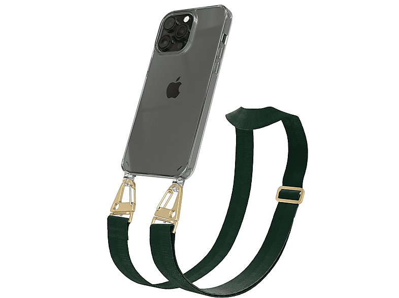 EAZY CASE Transparente Handyhülle mit breiter Kordel + Karabiner, Umhängetasche, Apple, iPhone 14 Pro Max, Dunkel Grün / Gold