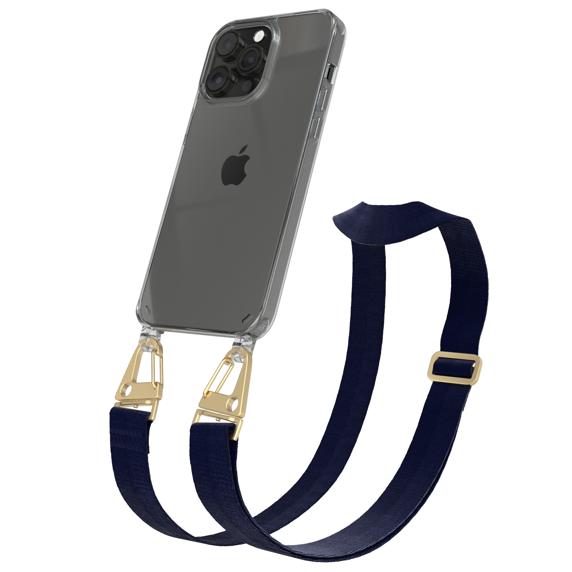 Eine transparente Handyhülle mit einem marineblauen Lanyard. Das Telefon ist im Inneren sichtbar.