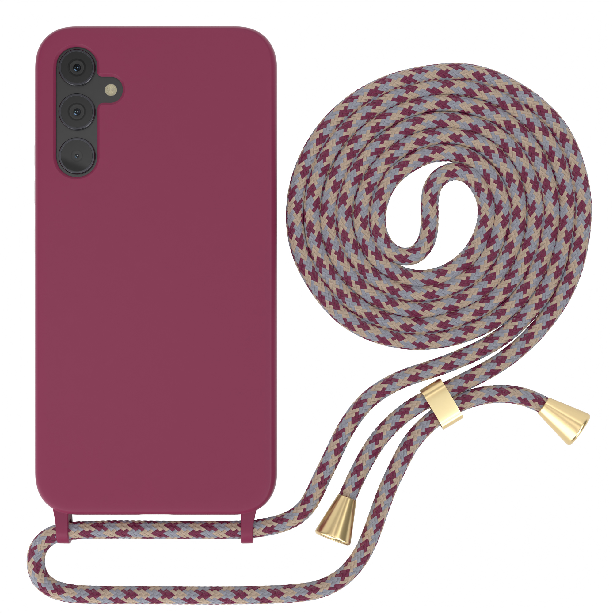 Burgunderfarbene Handyhülle mit einem gemusterten Lanyard. Die Handyhülle ist am Lanyard befestigt.