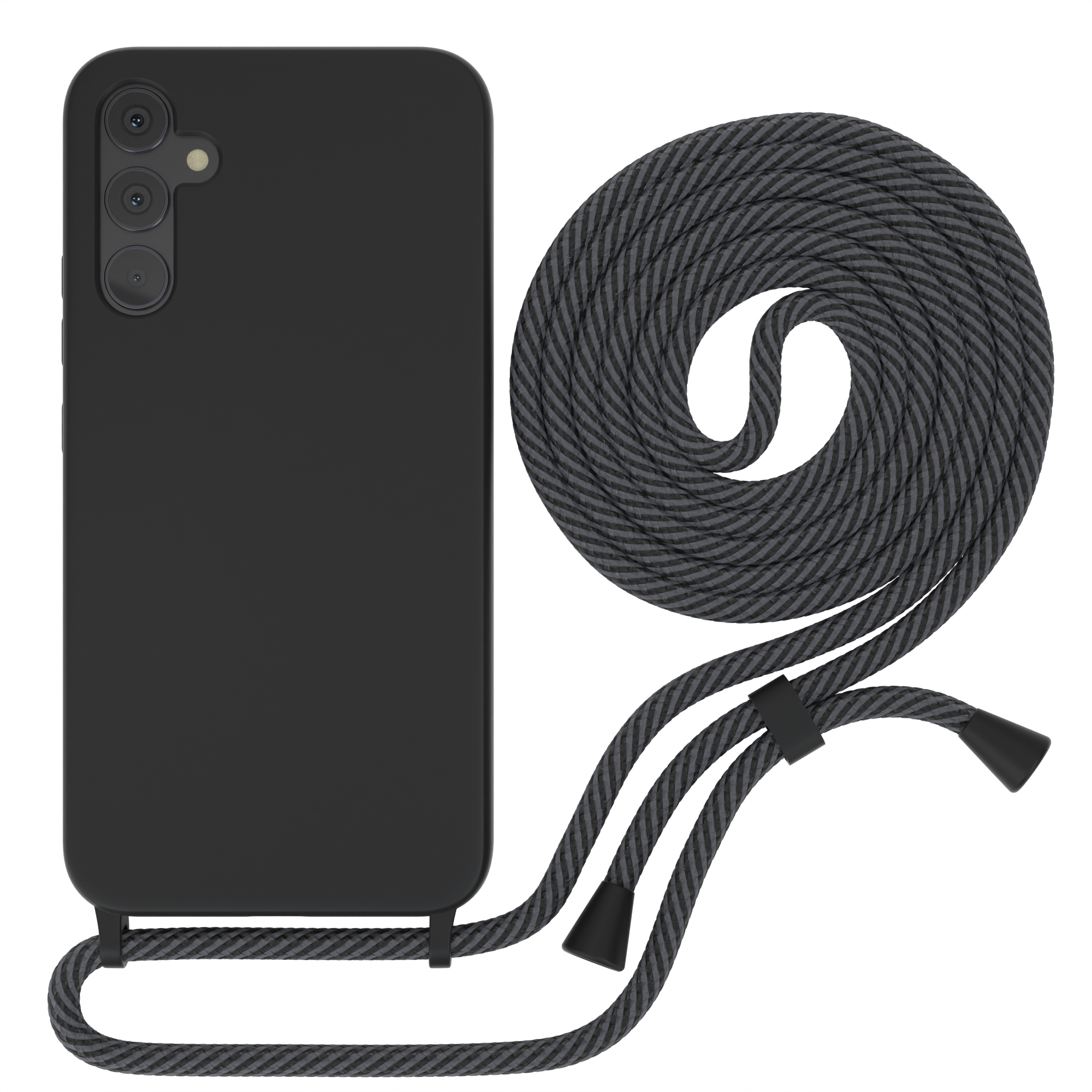 Schwarzes Telefon mit schwarzer Hülle und einer schwarz-grauen Schnur.