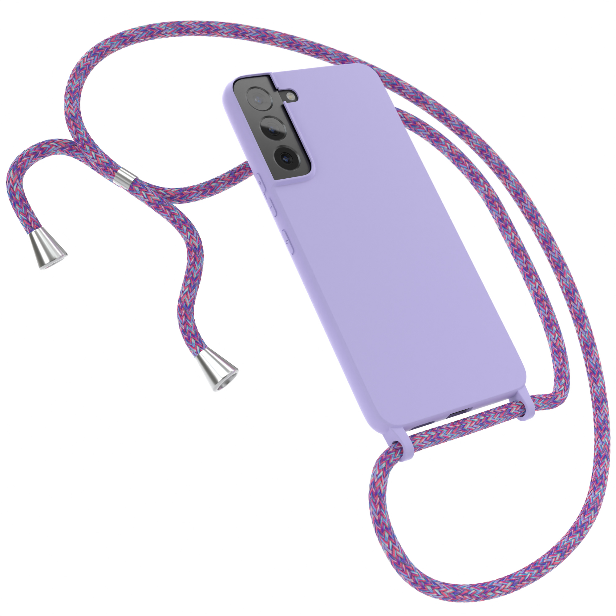 Lila Handyhülle mit einem lila und rosa geflochtenen Riemen. Das Telefon hat drei Kameras.