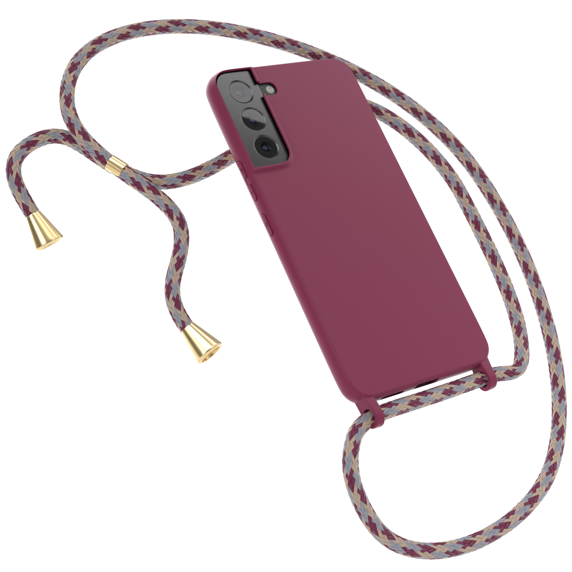 Bordeauxrotes Telefon mit passendem bordeauxroten und goldenen gewebten Lanyard.