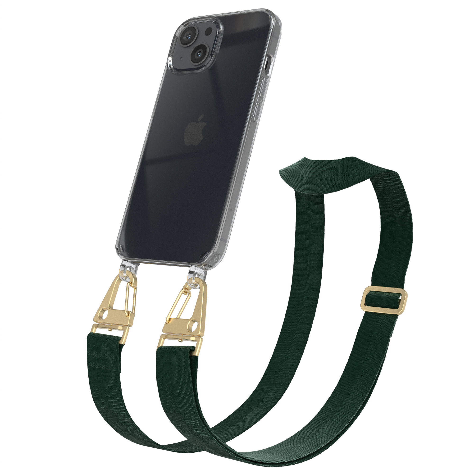 Transparente Handyhülle mit grünem Gurt. Das Telefon hat eine Kamera. Weißer Hintergrund.