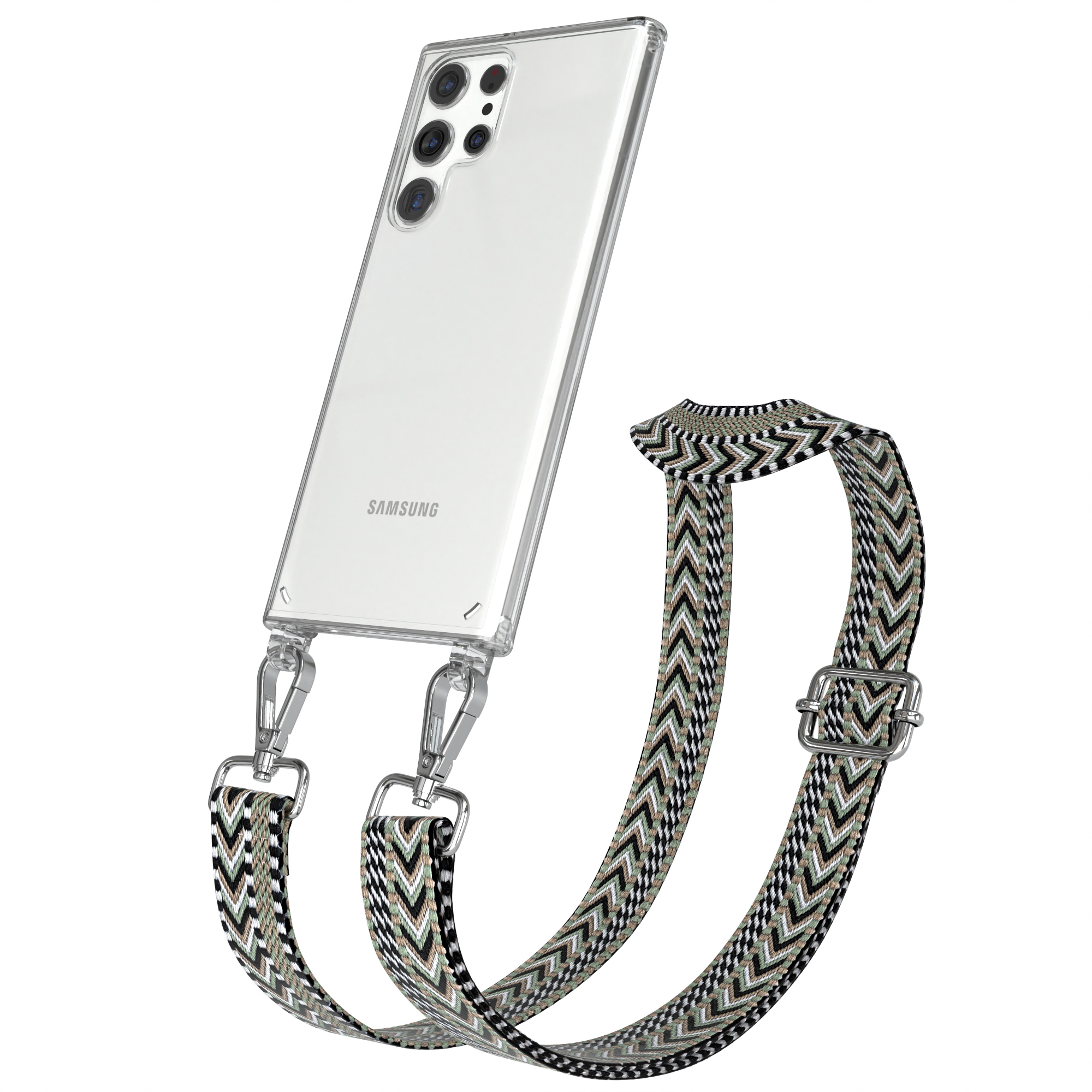 Eine transparente Samsung-Handyhülle mit Riemen, Telefon teilweise sichtbar.