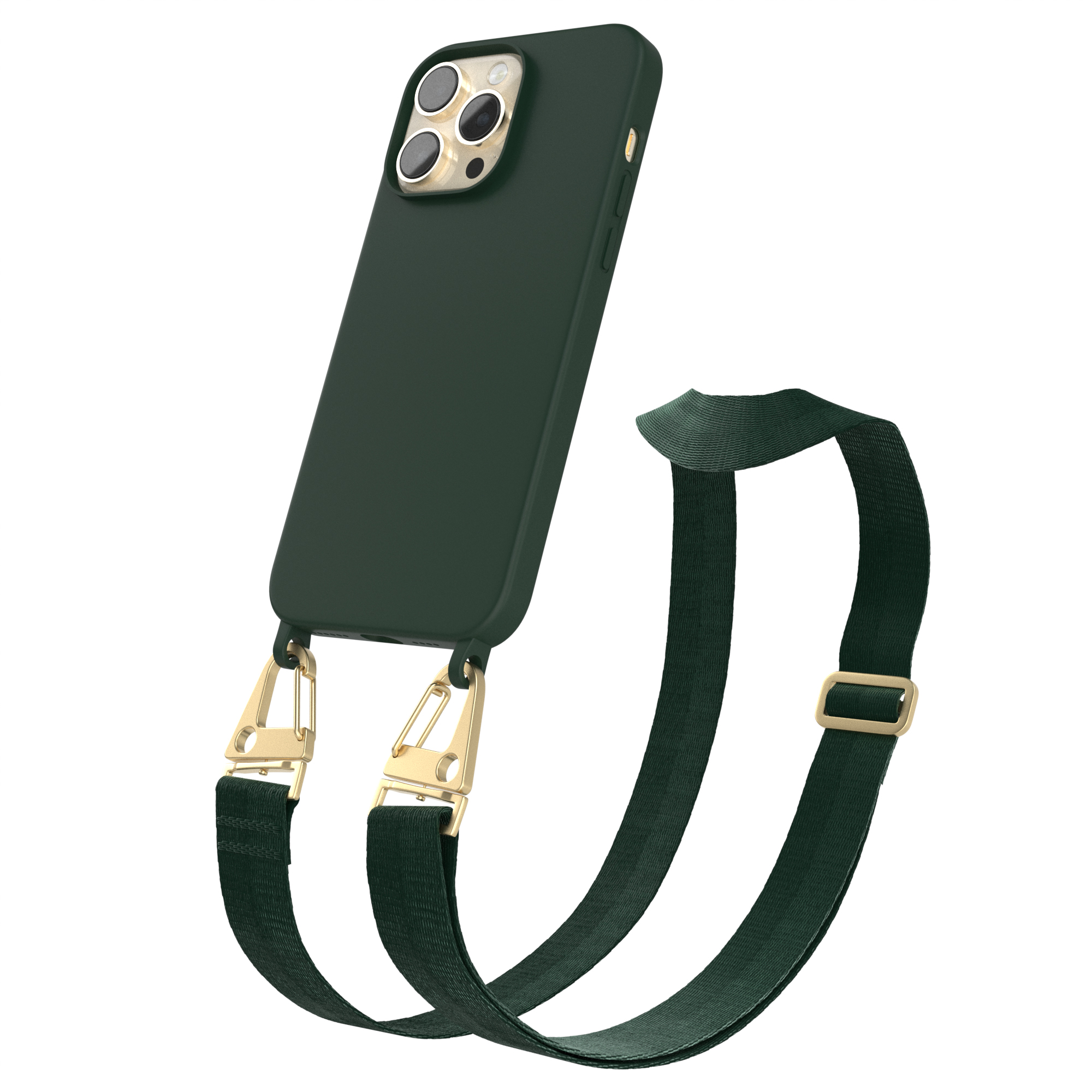 EAZY CASE Handy Kette Breit Grün Pro Gold Max, Apple, mit Premium Dunkel Silikon iPhone Umhängetasche, 14 Karabiner Hülle, 