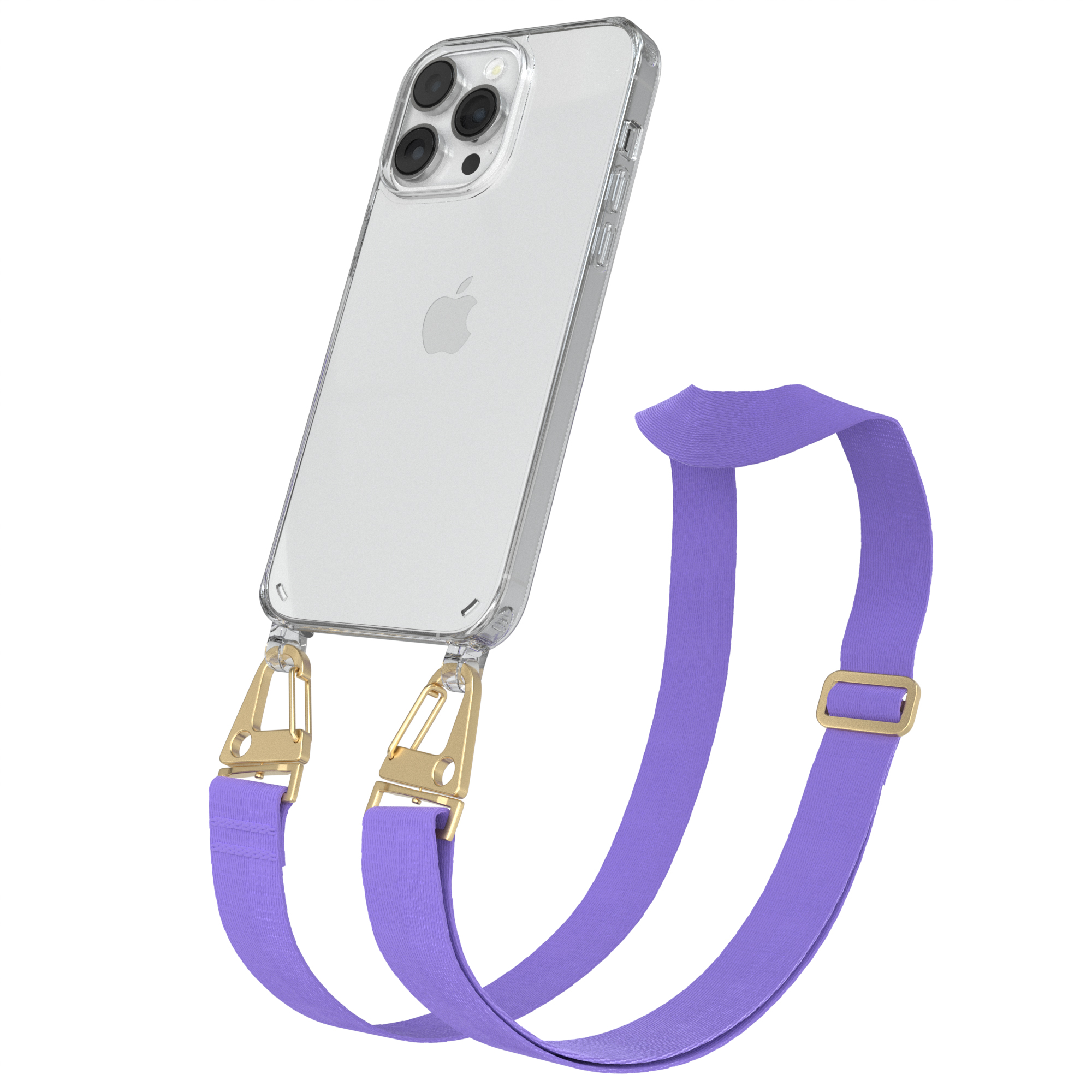 Eine transparente Handyhülle mit lila Band. Das Telefon hat drei Kameras. Weißer Hintergrund.