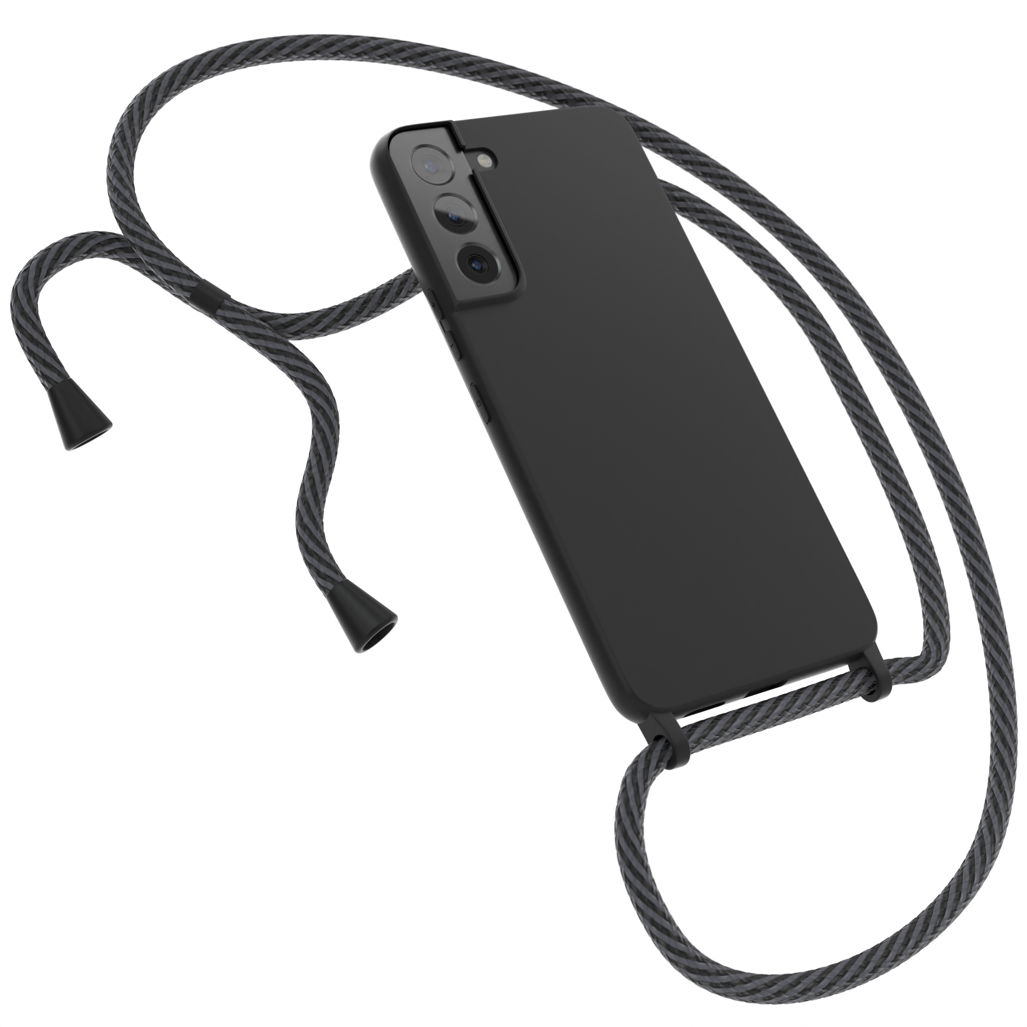 Schwarzes Telefon mit einem schwarz-grauen Seilriemen. Der Riemen ist mit der Telefonhülle verbunden.