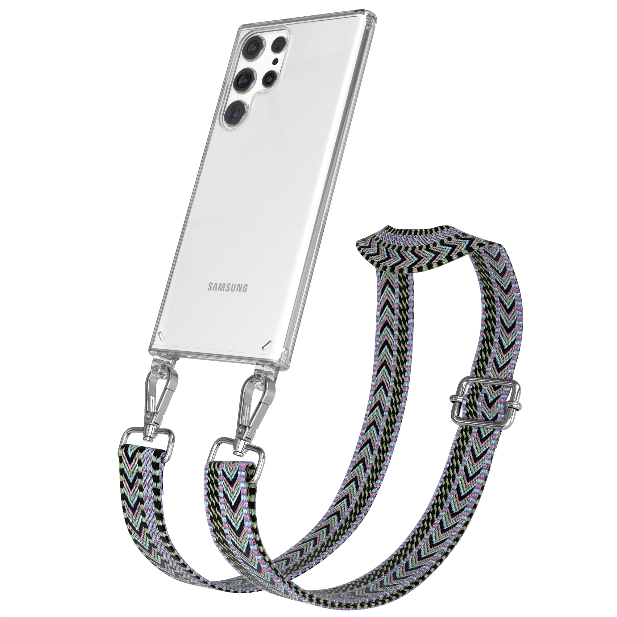 Ein transparentes Samsung-Telefon mit einem Riemen mit farbenfrohem Muster.