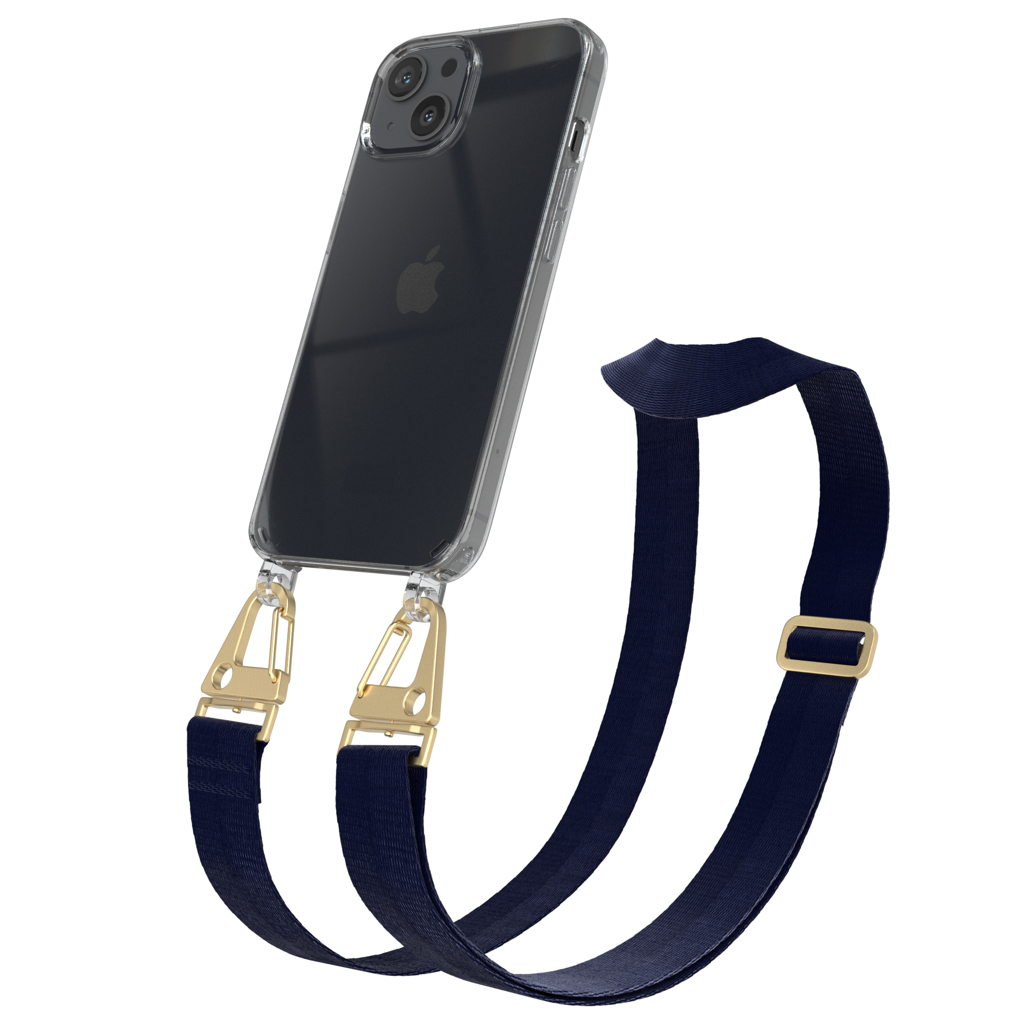 Telefon in klarer Hülle mit blauem Gurt. Goldfarbene Verschlüsse und Schnalle.