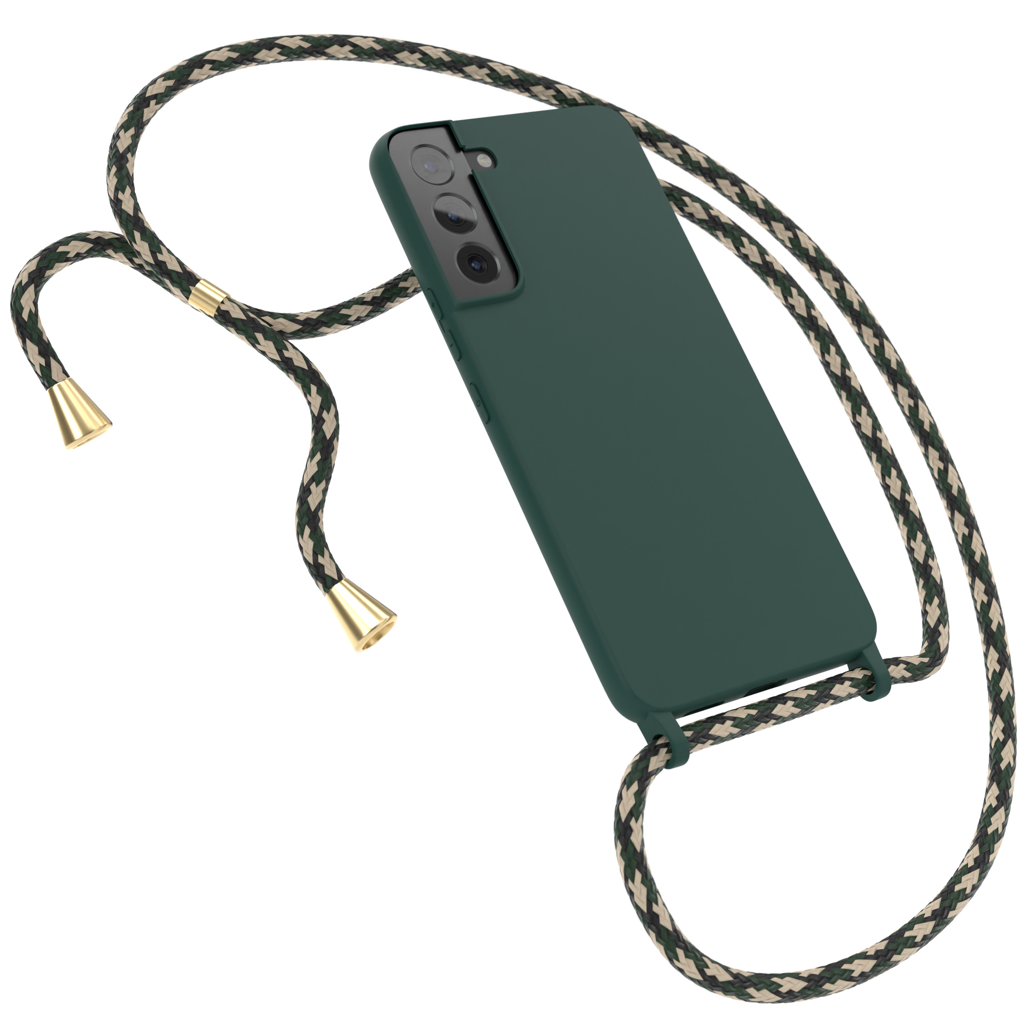 Eine grüne Handyhülle mit geflochtenem Riemen und einem Telefon auf weißem Hintergrund.