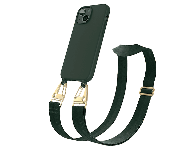 EAZY CASE Handy Kette Breit mit Karabiner Premium Silikon Hülle, Umhängetasche, Apple, iPhone 13 Mini, Dunkel Grün / Gold